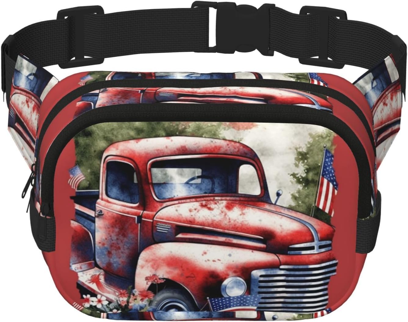 4th Of July Patriotic Old Red Truck Fanny Pack Fashion Belt Bag Lightweight Waist Pouch With Adjustable Strap Crossbody Bags For Women Travel Sports Running