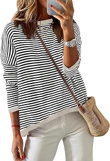 Cuptacc Pullover Damen Elegant Gestreifts Sweatshirt Rundhals Casual