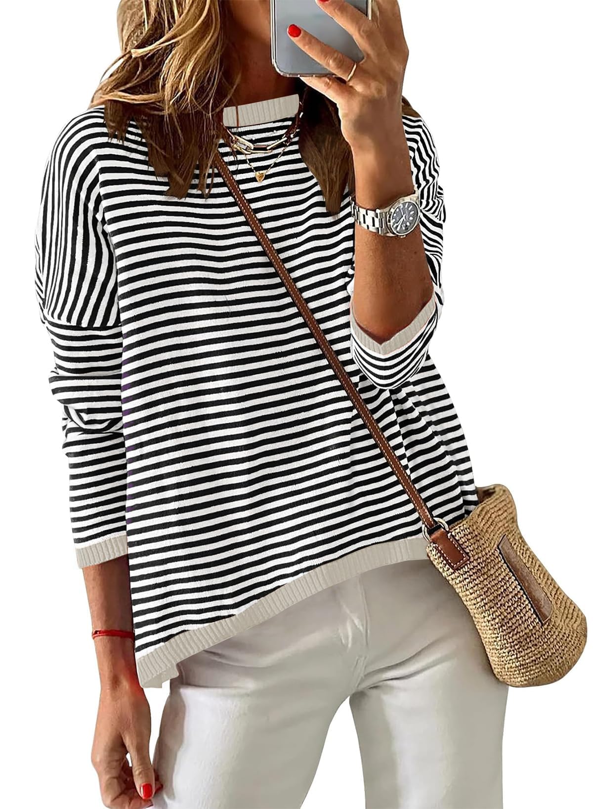 Cuptacc Pullover Damen Gestreiftes Sweatshirt Damen Langarmshirt Rundhals Baumwolle Oberteile Baumwolle Casual Stricken Pulli