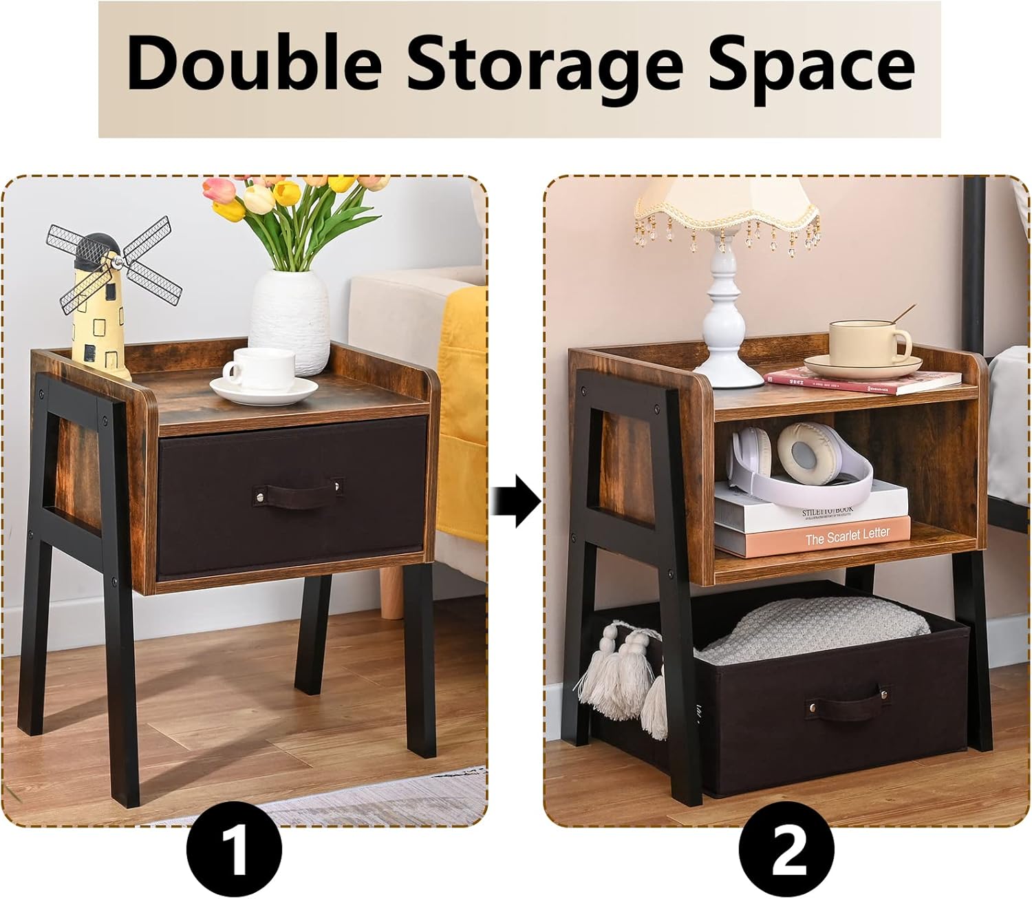 Iwell Nightstand Set of 2 with Drawer, Side Table with Wood Legs, Bedside Table for Bedroom, Rustic Brown : Home & Kitchen