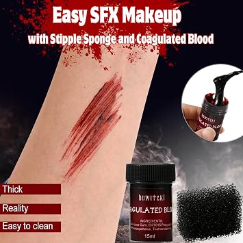 Bowitzki Fake Blood & Liquid Latex Kit,Pro SFX Makeup Set with 50ml Dark Fake Blood, 50ml Fresh Spray Blood, 2pcs Liquid Latex,Coagulated Blood, Sponge & Spatula for Halloween, Cosplay