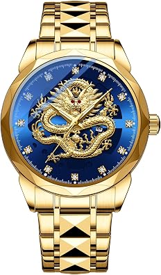 Gosasa Luxury Mens Gold Dragon Quartz Watch 3D Embossed Dragon Dial Stainless Steel Band Diamond Hour Markers Date Luminous Hands Waterproof Business Dress Watch