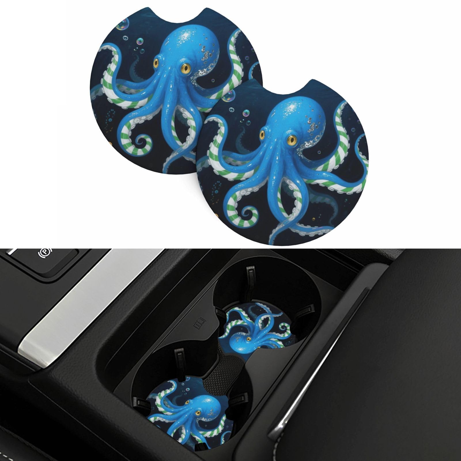 2 Pack Car Coasters,2.7" Universal Car Cup Holder Coasters Non-Slip Neoprene Cup Pad Mat Coaster Car Interior Accessories for Women Men Blue Octopus