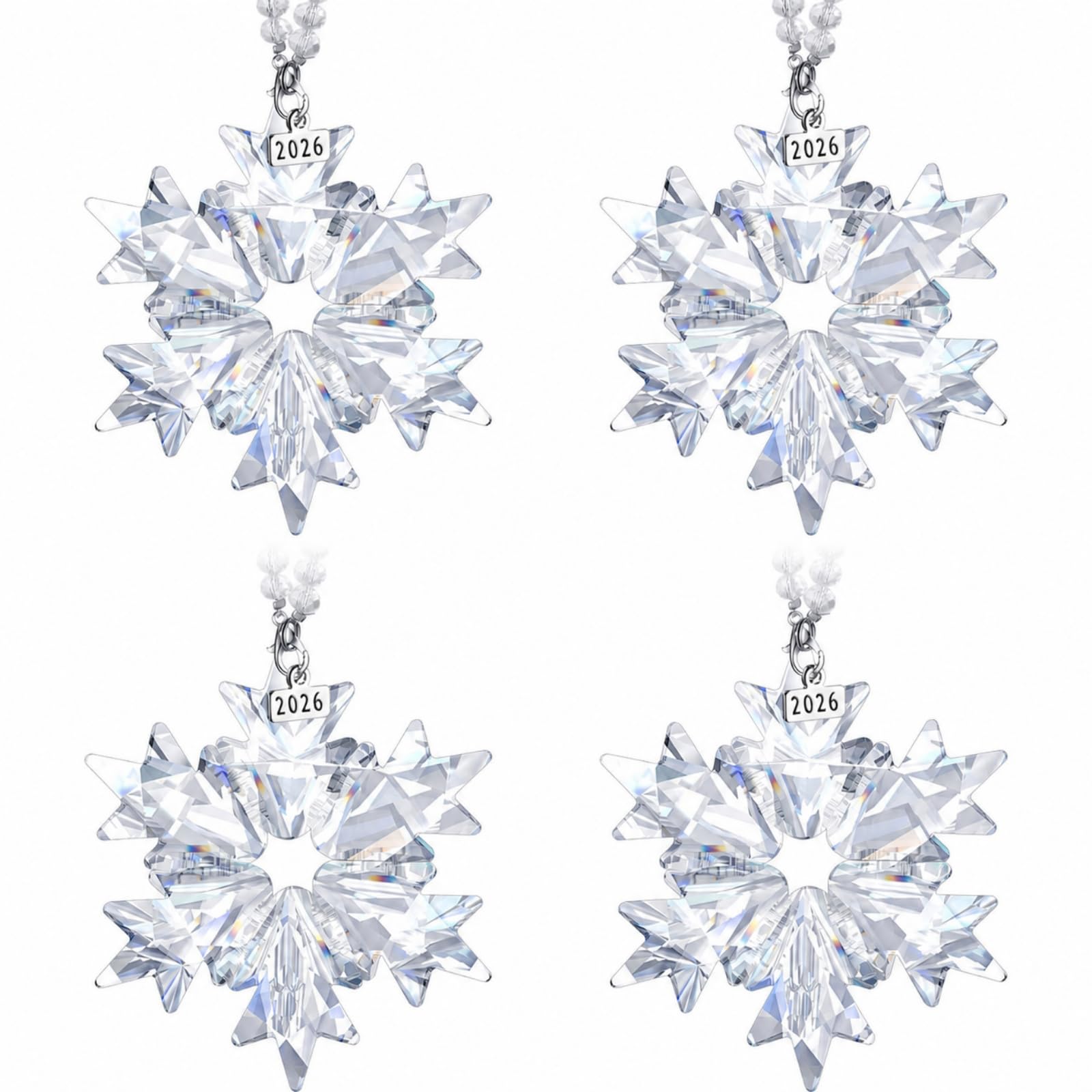 Remerry Lot de 4 décorations de Noël à suspendre en forme d'étoile et de flocon de neige en cristal transparent avec perles, chaîne, ruban et boîte cadeau pour fête de Noël (transparent)