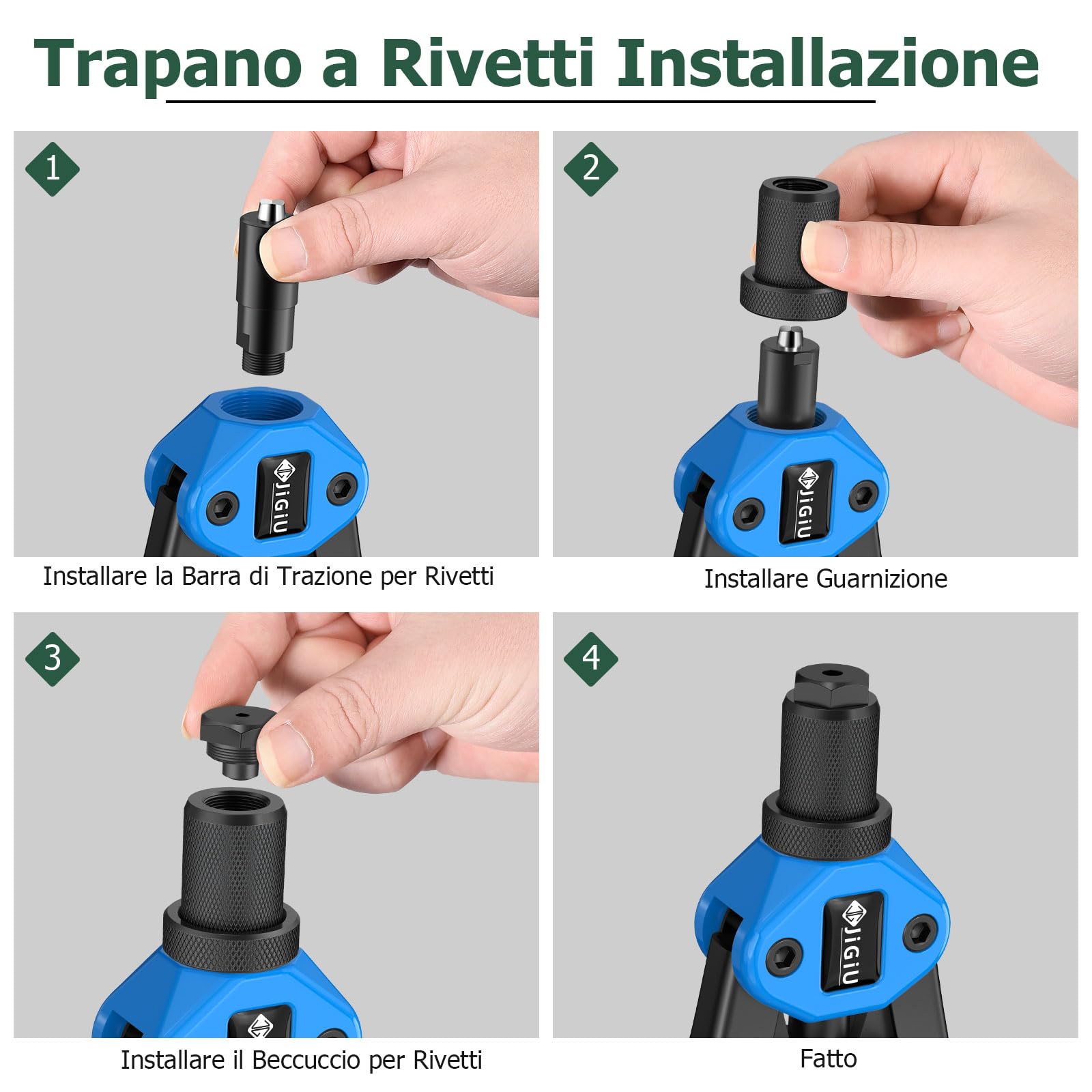 JiGiU Rivettatrice Professionale 2 in 1 per Inserti Filettati-7pz Mandrini Metrici 110 Dadi 5 Diverse Misure Doppio Manico di Rivettatrici-50 pz Rivetti per Lavori Edili-Nero Blu