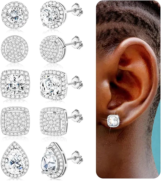 LOYALLOOK Cubic Zirconia Stud Earrings for Women Men Simulated Diamond CZ Halo Stud Earrings Round Square Iced Out Earrings 18K Gold Plated Hypoallergenic 925 Sterling Silver Post Earrings Set