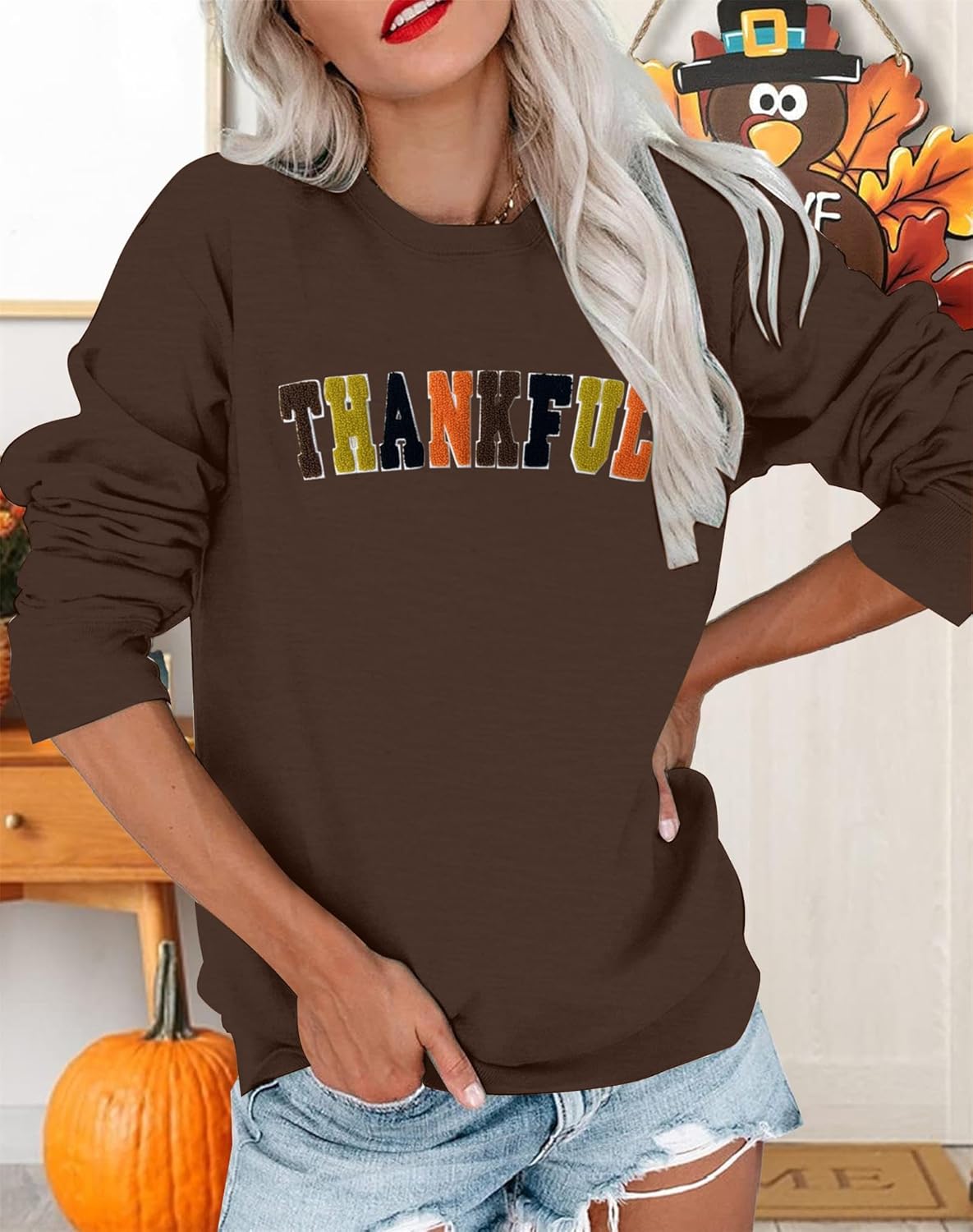 Thanksgiving Sweatshirts for Women Chenille Thankful Sweatshirt Fall Colorful Letter Print Pullover Oversized Tops - Image 4