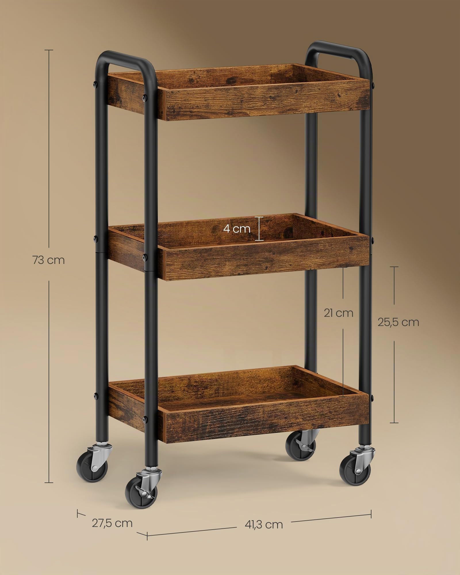 SONGMICS Rollwagen, Servierwagen, Küchenwagen, Küchenregal mit Griffen, einfacher Aufbau, für Schlafzimmer, Badezimmer, Küche, Stahlgestell, 27,5 x 41,3 x 73 cm, vintagebraun LRC081KD01