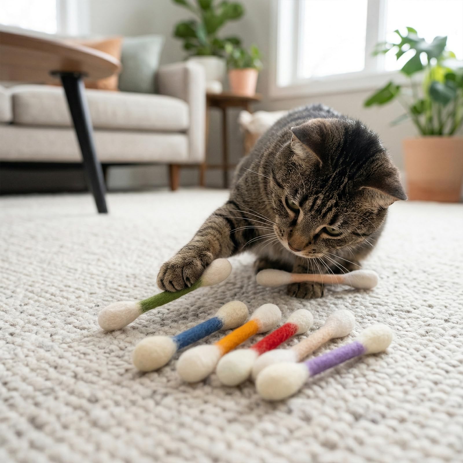 Cotton fioc Giocattoli per Gatti con Erba Gatta, Confezione da 6 Bastoncini Giganti per Masticare i Cuccioli, Giocattoli Interattivi in Feltro, Corda per Denti Resistente, Ideali per Gatti Interni