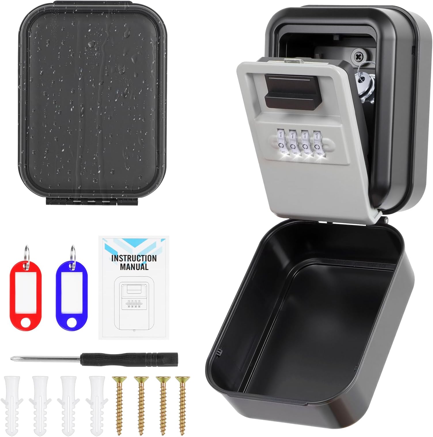 Wall Mounted Light Up Dial Key Safe, Wall-Mounted Digital Key Lock Box with Illuminated Dial & Screwdriver, Medium 93×129×61mm, Outdoor Mounting Kit for Home, Office, and Vehicles