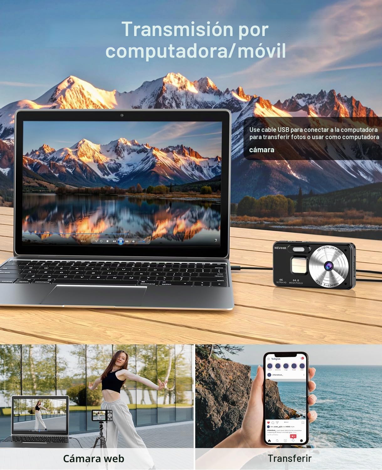Cámara de Fotos 4K 64MP, Wevoor Camara Digital 32GB para Principiantes | Pantalla 2.8", Compacta, Zoom Digital 18x, Batería 2000mAh, Para Adultos Niños Adolescentes - Negro