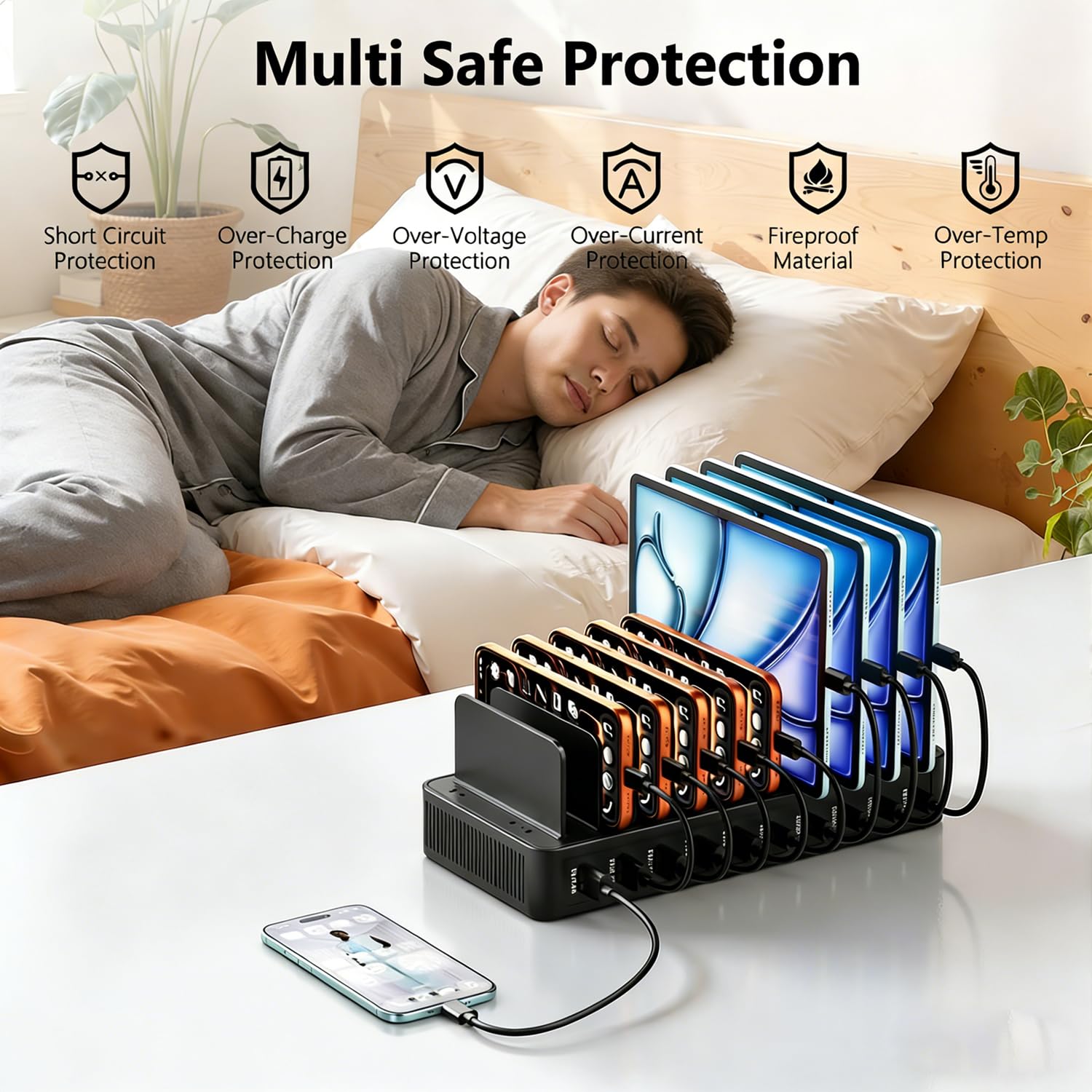 Station de Charge USB-C 100 W avec 10 Ports et 10 câbles de Charge, Chargeur Multiple avec séparateur Amovible réglable, Compatible avec iPhone/Samsung/Google/tablettes/appareils USB