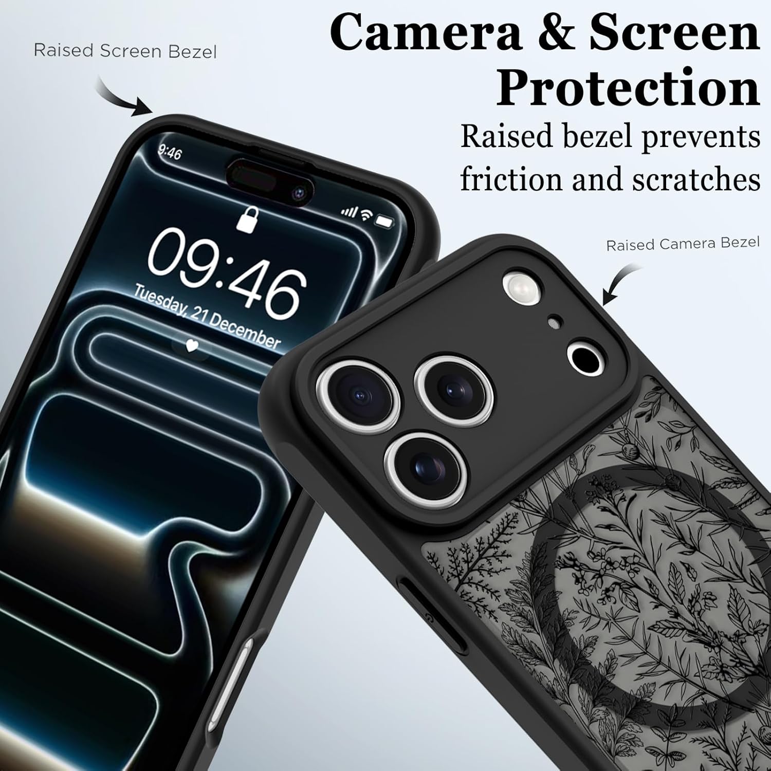 Magnetic for iPhone 17 Pro Max Case, Compatible with Magsafe, Cute Sage Flower Floral Design for Women Girls, Translucent Matte Camera Protection Shockproof Phone Cover, Black