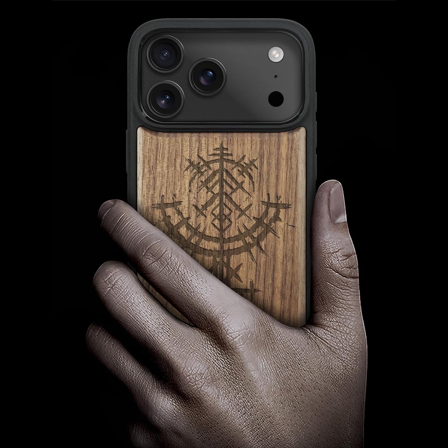 Carveit Magnetic Wooden Case for iPhone 17 Pro Max Case, Wood Artisan Engraved & Black Soft TPU Shockproof Cover, Compatible with MagSafe Wireless Chargers (Viking Symbols) Walnut