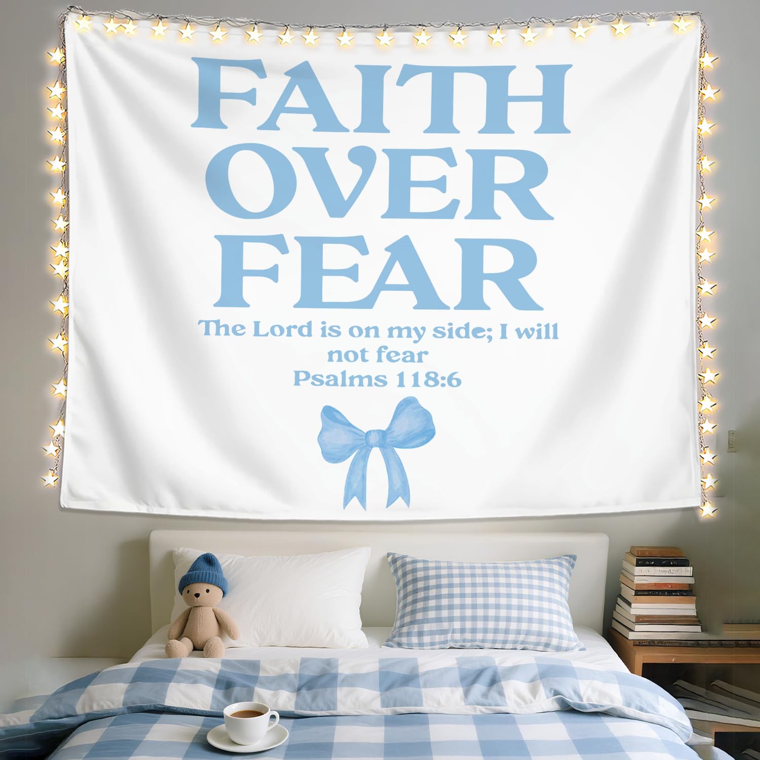 LIANGW Blue Bow Christian Tapestry, Inspirational Christian Tapestry for Women, Bible Bow Aesthetic for Girls Bedroom or Dorm Room，Based Blue Room