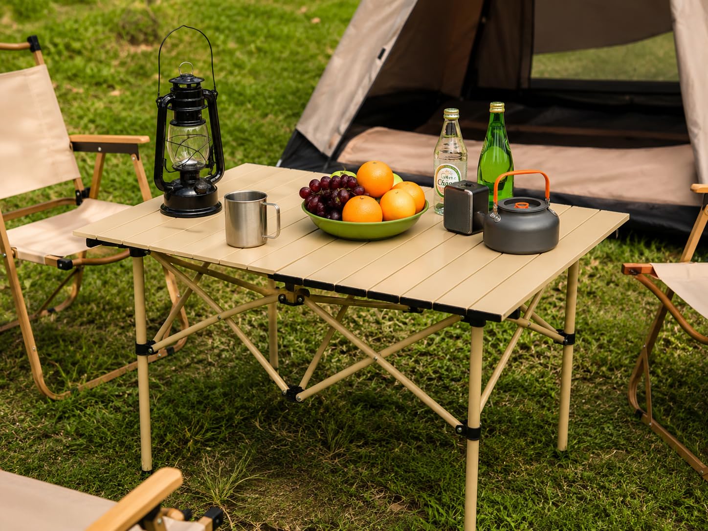 AURINA Foldable Camping Table for Outdoor Picnic & Travel | Portable Lightweight Aluminium Folding Table for Camping, BBQ, Garden, Patio & Beach Use | Compact Roll-Up Picnic Table (Beige) 1