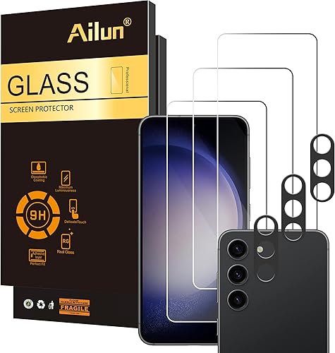 Ailun Protector de pantalla de vidrio para Galaxy S23 FE 6.4 pulgadas, paquete de 3 + 3 unidades de lente de cámara, vidrio templado, desbloqueo de