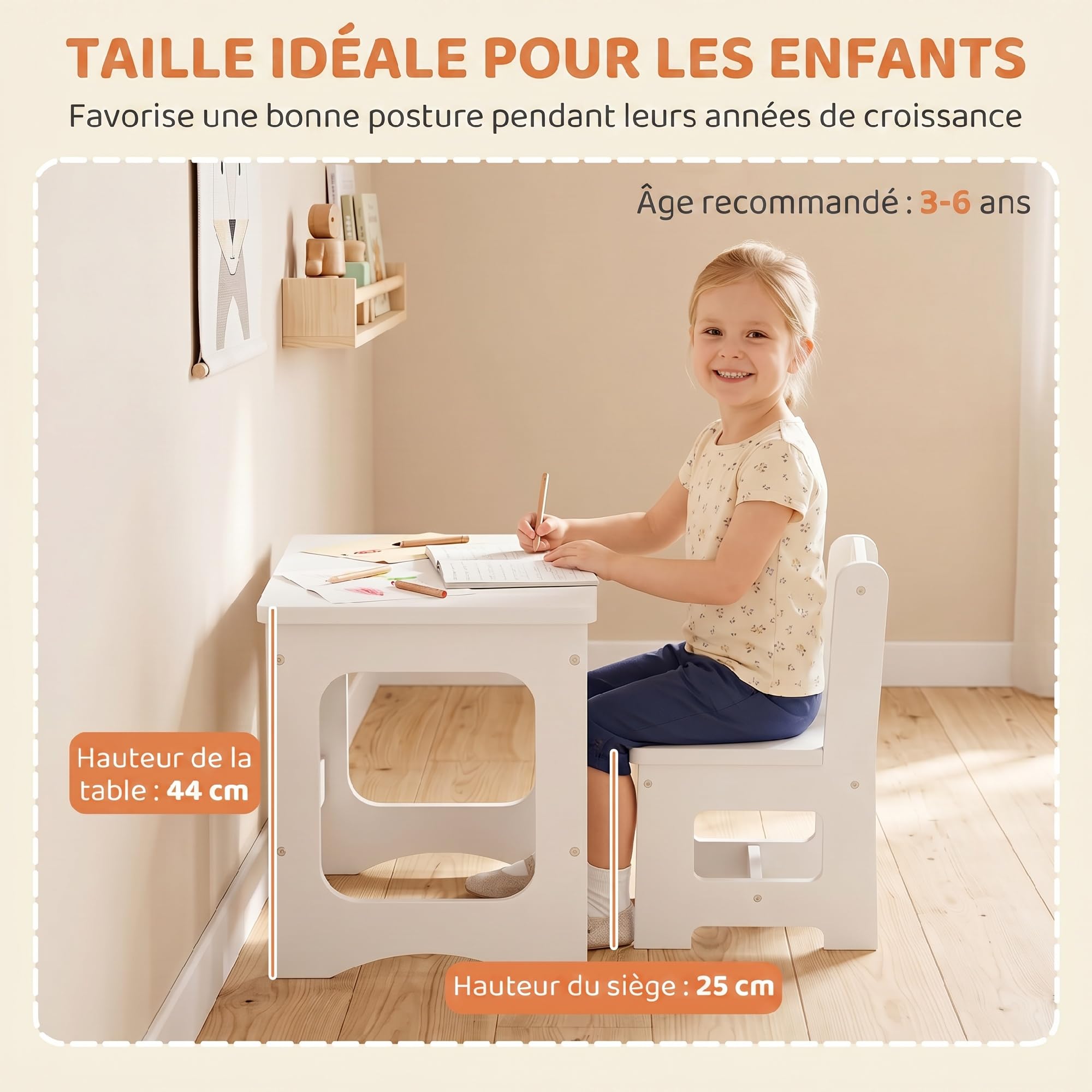 AIYAPLAY Bureau et Chaise pour Enfant Plateau Réversible 3 à 6 Ans Blanc
