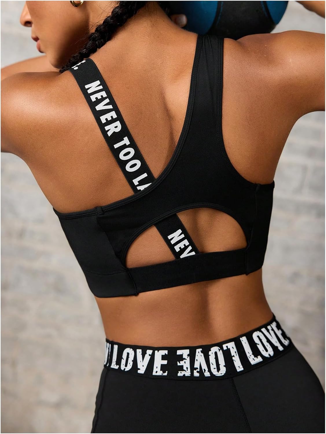 OYOANGLE Women's Letter Print Sports Bra Asymmetrical Neck Cut Out Medium Support Workout Yoga Bras - Image 2