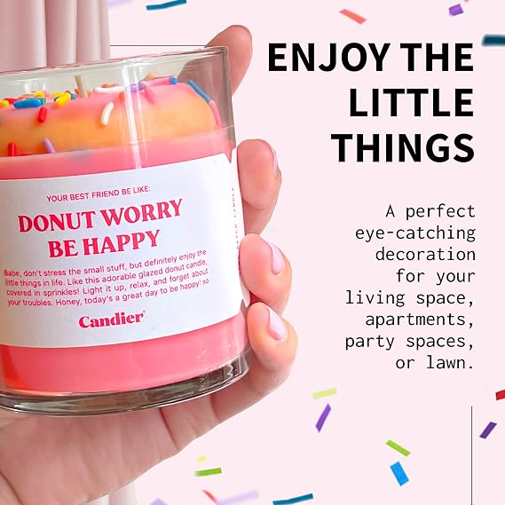 Donut Worry Scented Natural Soy Candle w/Strawberry, Cream Donut & Citrus Notes, Aromatherapy Candle for Relaxation, Unique Candles Gifts for Women, 60-Hour Burn Time - Candier by Ryan Porter