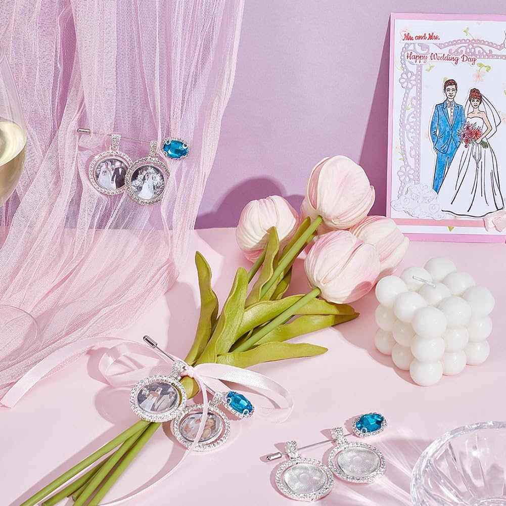 PH PandaHall 3 Sets Bouquet Photo Charm Pin Brooch Making Kit Crystal Brooch Flat Round Picture Charm Blank Pendant Tray with Glass Cabochon for Bridal Wedding Anniversary Memory Gift image 4