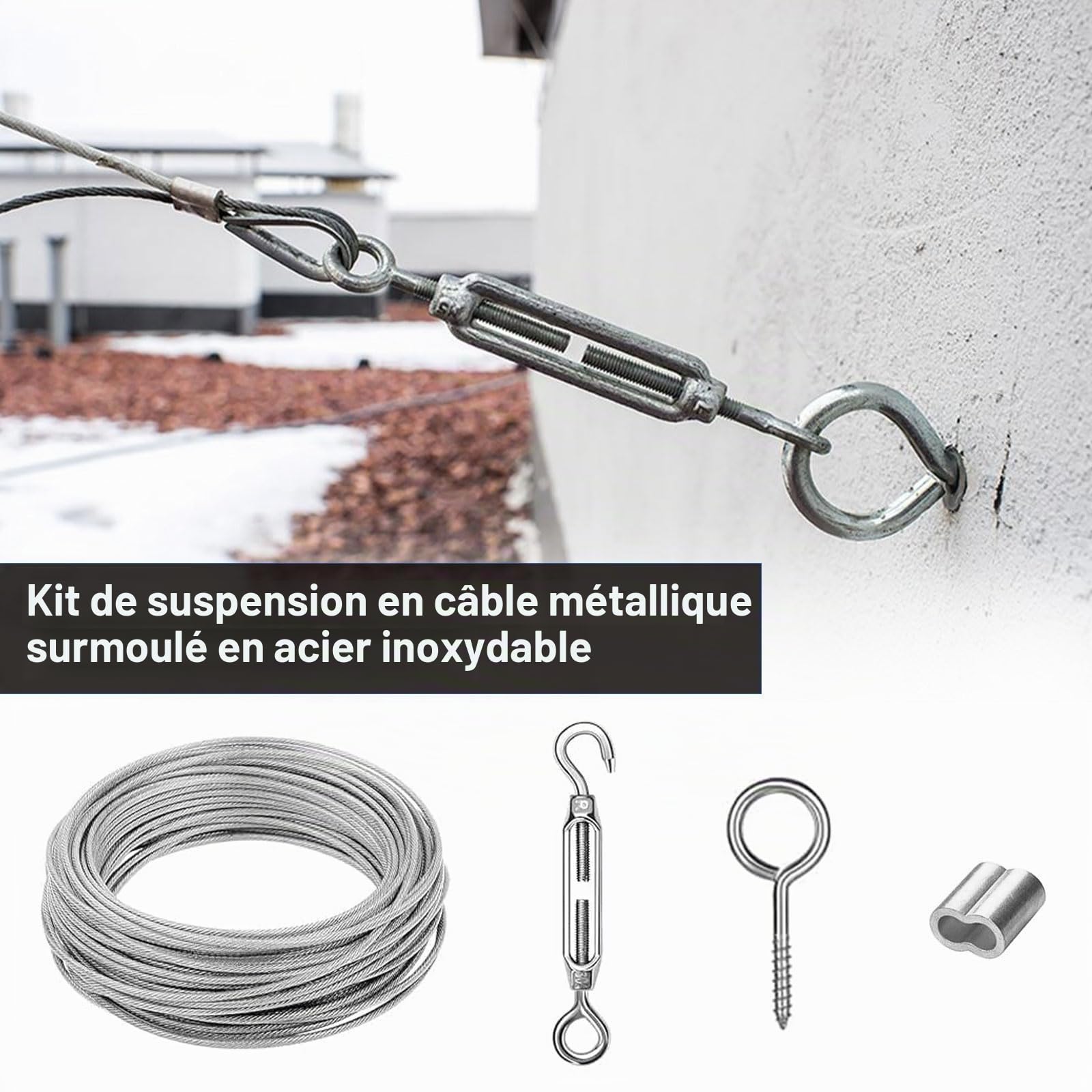 30 Mètres Câbles Inox en Acier 3mm Gainé, Cable Plante Grimpante Exterieur, pour Les Guirlandes Lumineuses, Les Cordes à Linge et Les Suspensions de Rideaux, Comprend un Jeu de Tendeurs de Câble