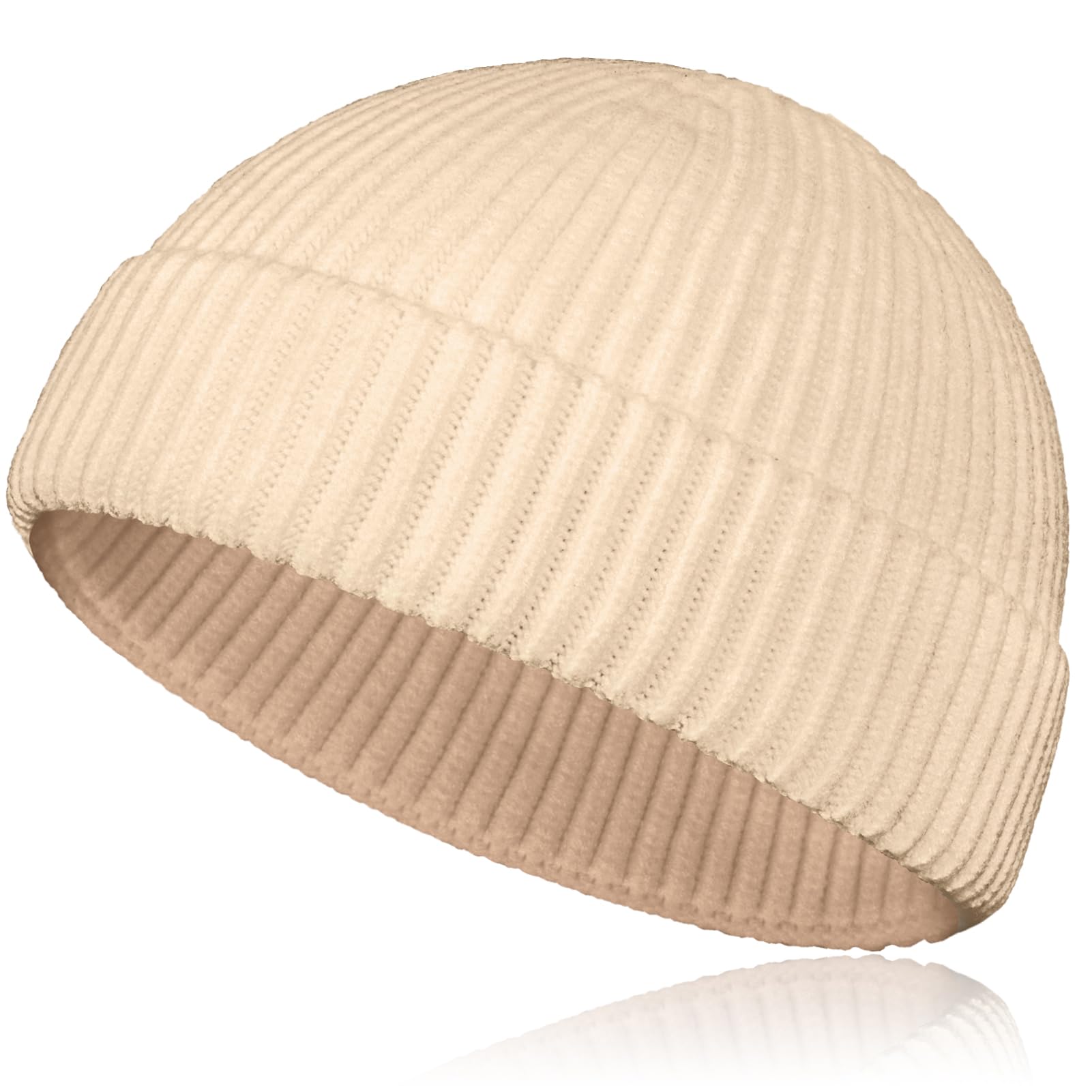 Samserot Men's Beige Wool Short Fisherman Beanie For Wo, Knit Cuff Trawler Beanie Caps Winter Warm Hats