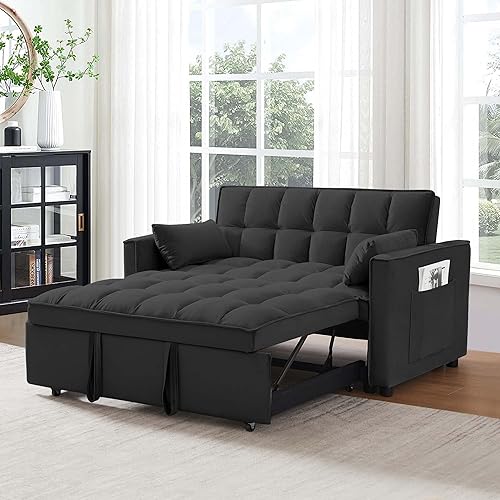 Miniatura 1 de Sofá cama convertible de terciopelo 3 en 1 de 55 pulgadas, sofá cama de 2 plazas con cama extraíble, respaldo reclinable, almohadas de lanzamiento,