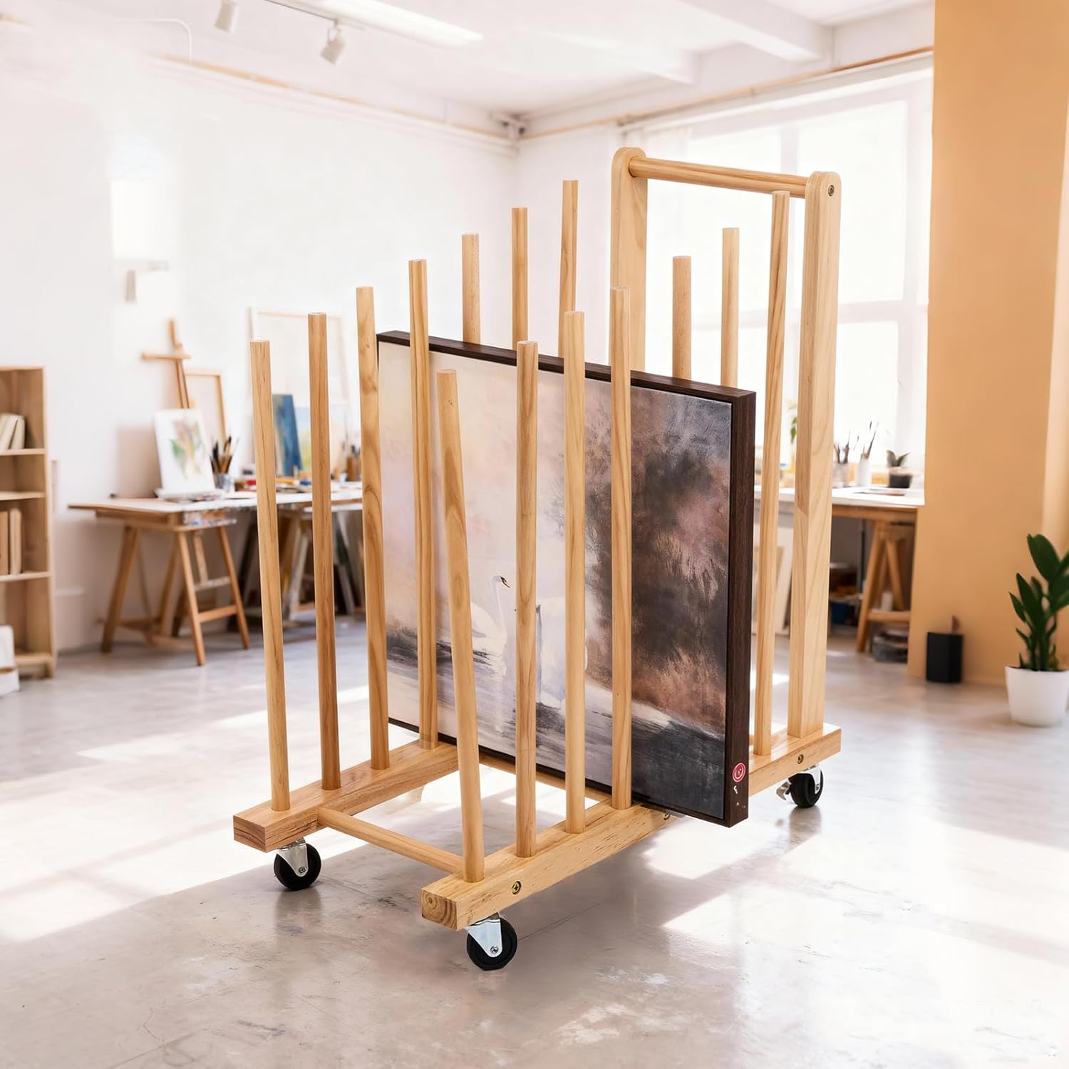 Art Storage Rack with Caster Wheels, Art Drying Rack, Wooden Canvas Storage, Painting Rack, Canvas Organizer Drying Rack for Studios, Artworks, Gallery Art Rack for Display of Canvas, Prints, Panels