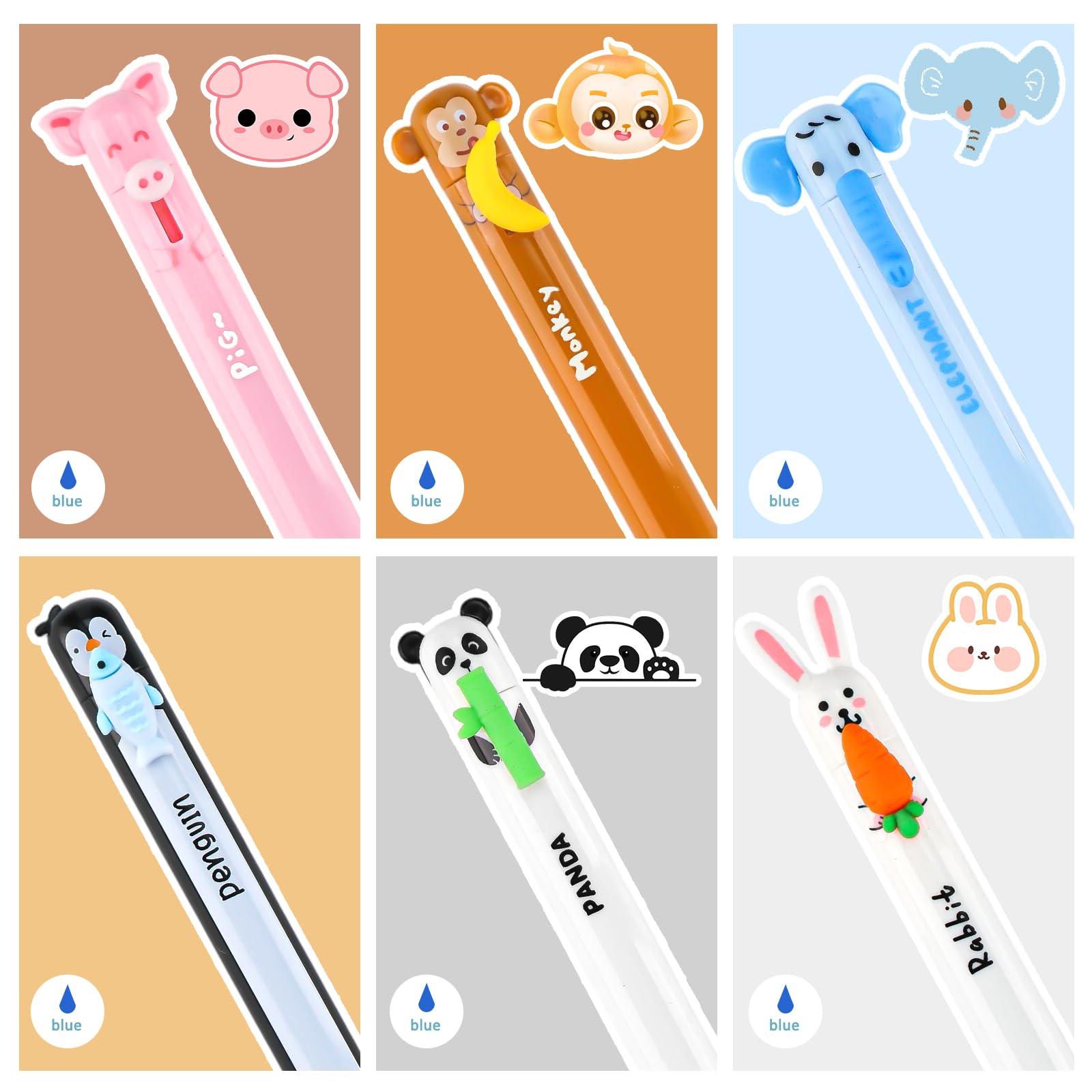 Set di 6 penne gel cancellabili, 0,7 mm, blu, motivo animale, con gomma integrata, inchiostro sensibile al calore, adatto come regalo per Pasqua, inizio della scuola