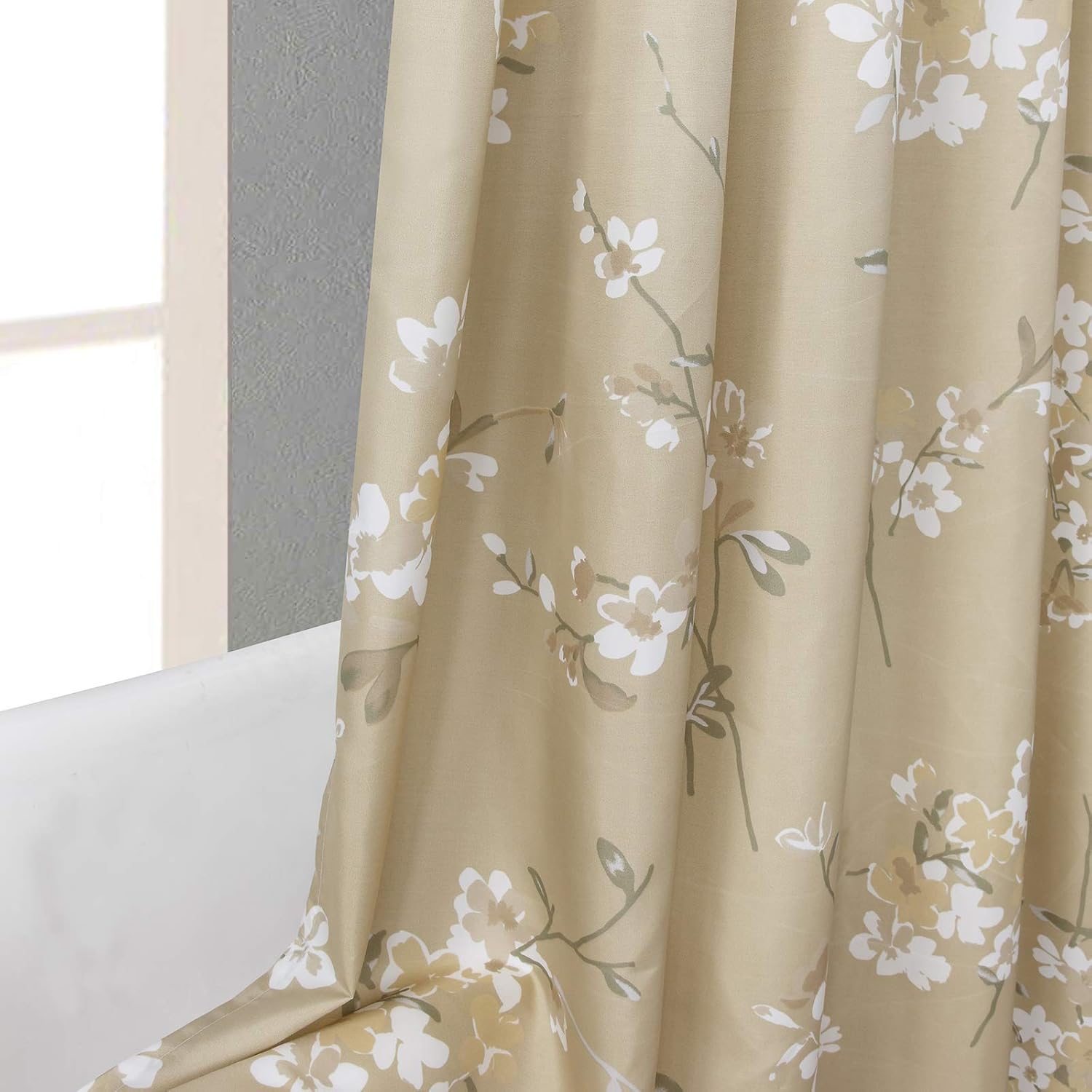 Fabric Floral Shower Curtain, Beige Gold Plant Flower Shower Curtains for Bathroom, Waterproof Bathroom Curtains, 72" W x 72" H