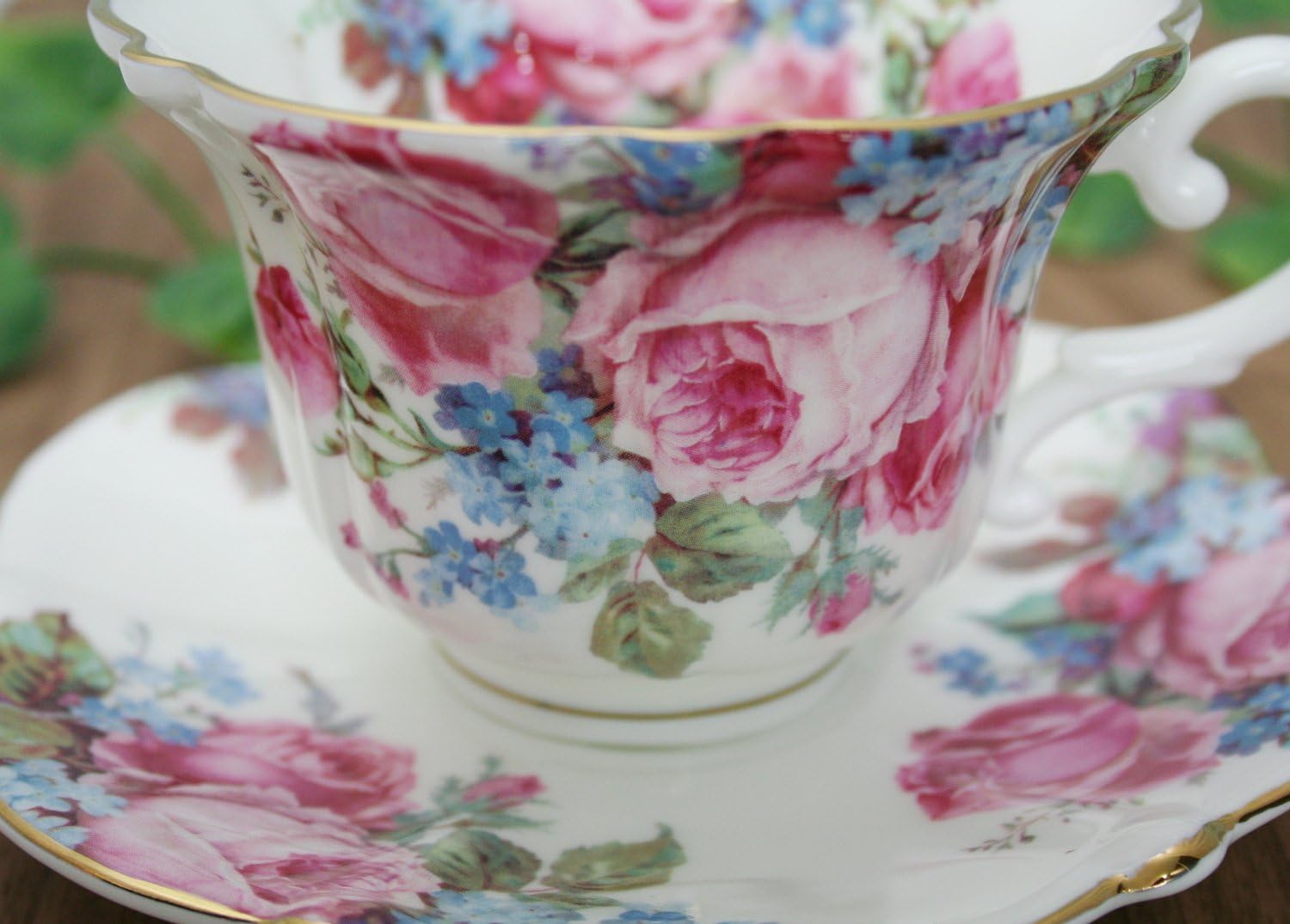 Royal Arden 37100 Coffee Tea Cup and Saucer Set, Ceramic, Microwave Safe, Bone China, 8.5 fl oz (240 ml), Floral Pattern, Rose, Blue
