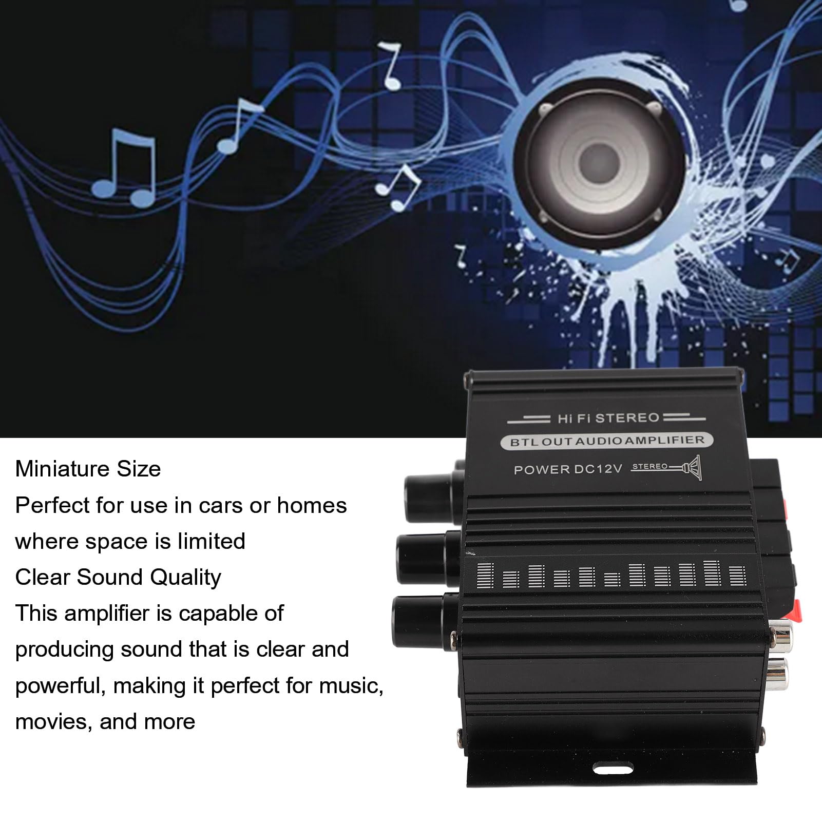 HERCHR Auto-Verstärker, Stereo-Verstärker, 12 V, Tragbar, Klare Klangqualität, Mini-Verstärker, Auto-Audiosystem-Lautsprecher, Bluetooth, Heim-PA-Mischverstärker Für Auto, Motorrad, Zuhause(Schwarz)