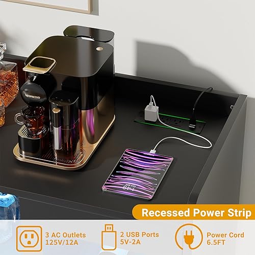 Miniatura 4 de Barra de licor con toma de corriente y luz LED, gabinete de bar de vinos con estante para vino y vasos, gabinete de barra de café para el hogar,