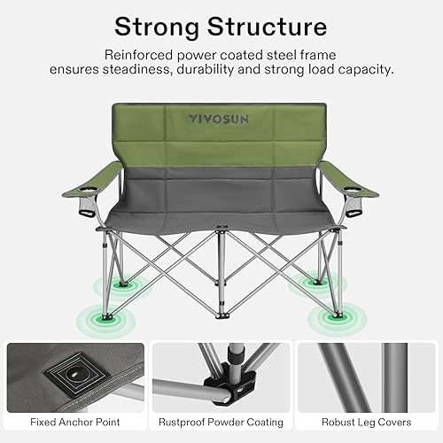 Miniatura 6 de VIVOSUN Silla doble de campamento, sofá biplaza plegable totalmente acolchado, silla dúo portátil de gran tamaño con soportes para tazas de