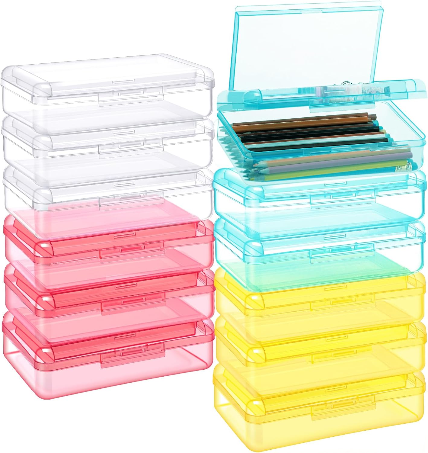 Mooliwe 12 Pcs Clear Double Layer Large Capacity Pencil Box, Plastic Hard Pencil Case with Snap Lid, Crayon Storage Stackable Box for School Classroom Home Office Supplies(Multicolor)