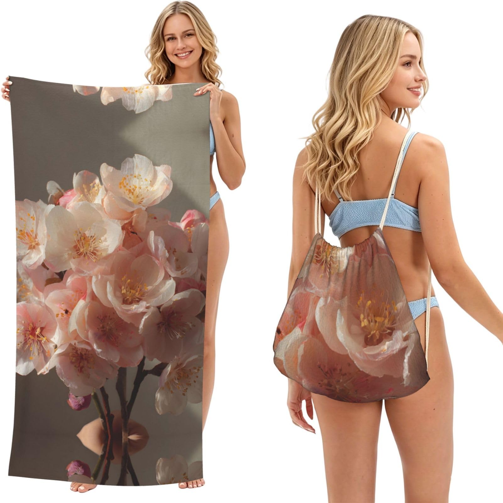 EZDLOWVBA Cherry Blossom Bouquet Print Beach Towel Backpack 2 In 1 Summer Large Lightweight Beach Towel - Multifunctional Ship Pattern Towel Bag For Storage,Sport