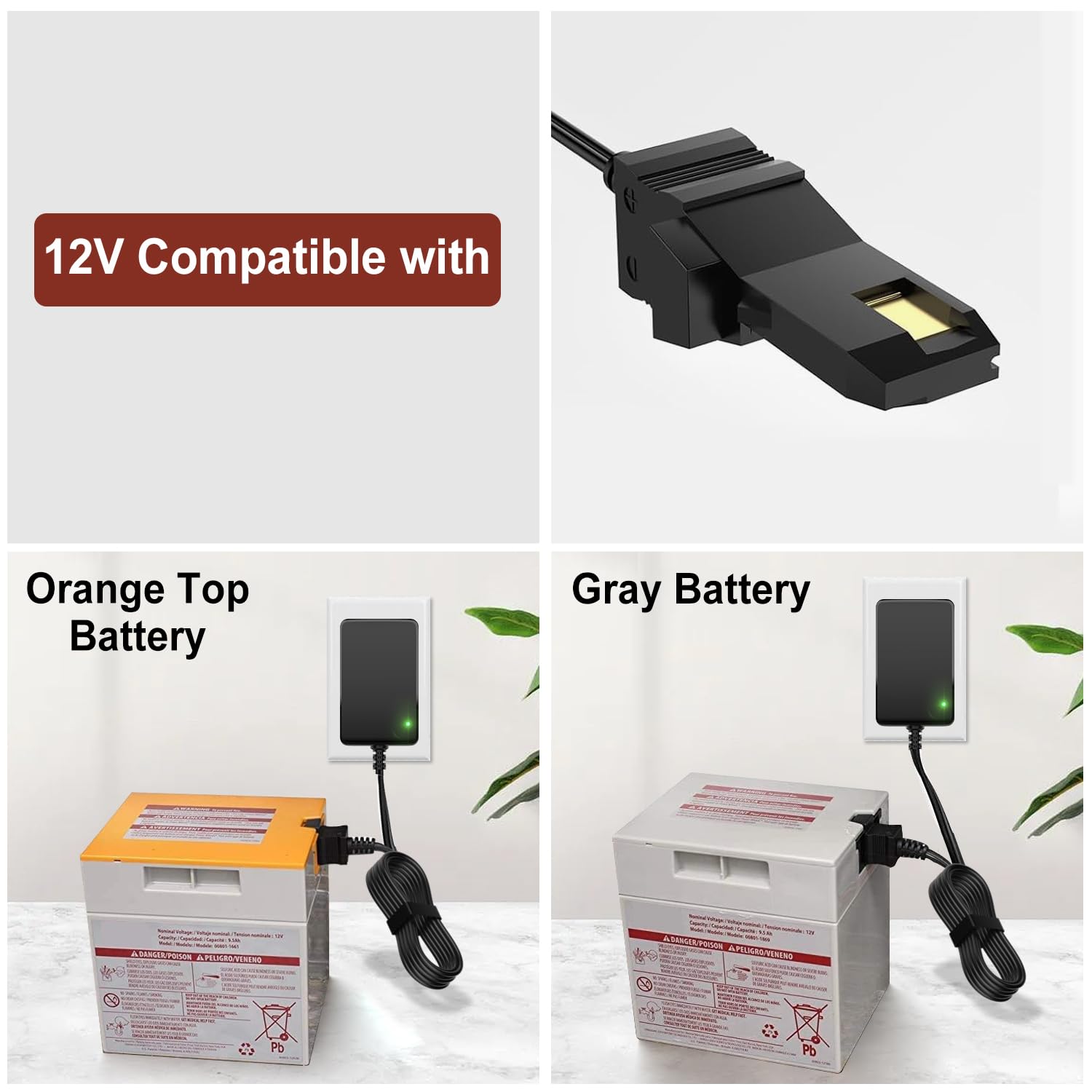 Cargador de batería de 12 V para ruedas eléctricas, cargador de repuesto de 12 voltios para juguetes Fisher Price Ride On con batería gris y batería superior naranja, cuenta con indicador LED 5