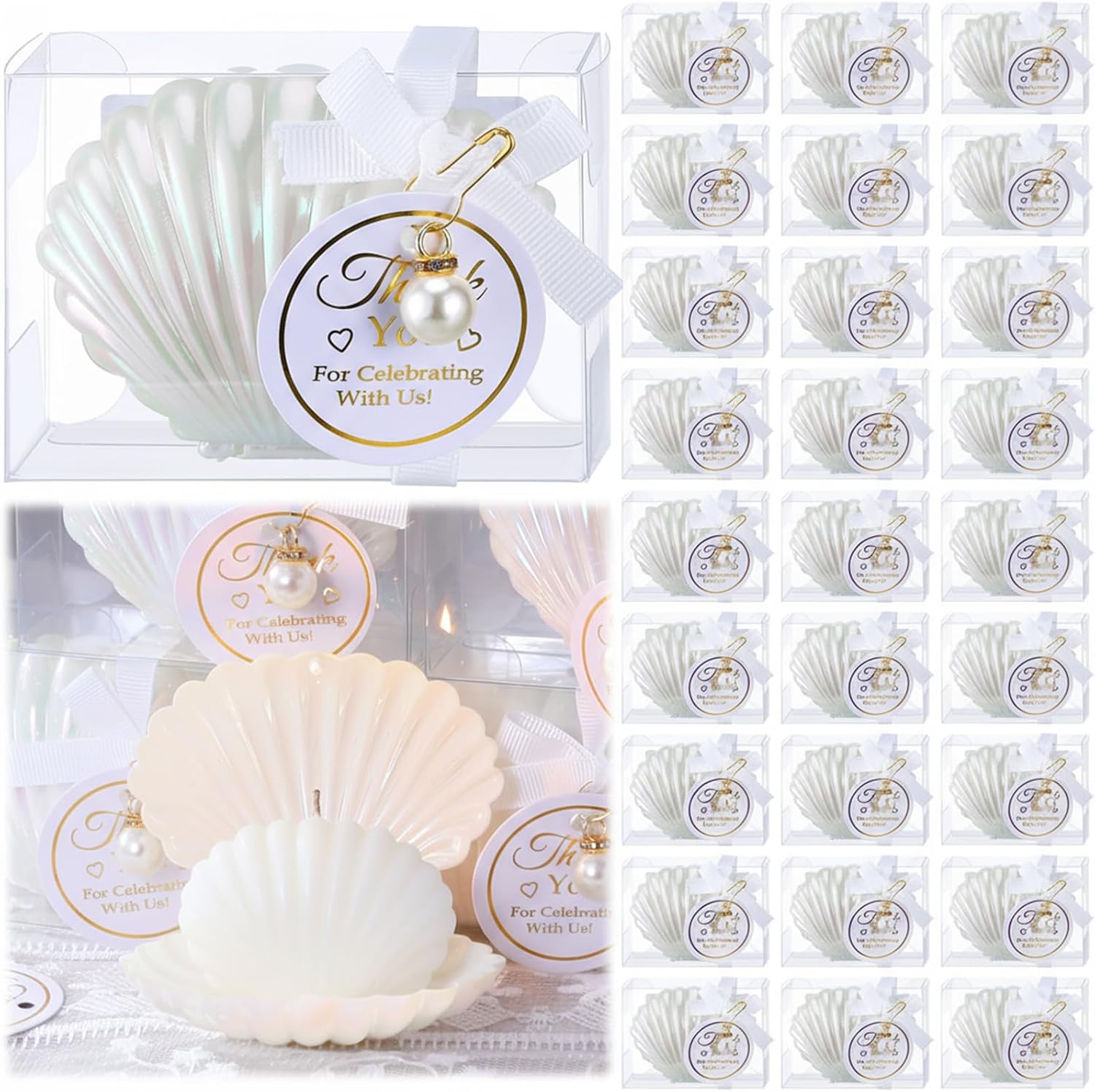 30 Sets Seashell Candle Wedding Gift Favors Scented Candles with Clear Plastic Box, Pearl, Gift Tag, Ribbon Beach Wedding Party Favor Thank You Gifts for Guest Bridal Shower (White Ribbon)