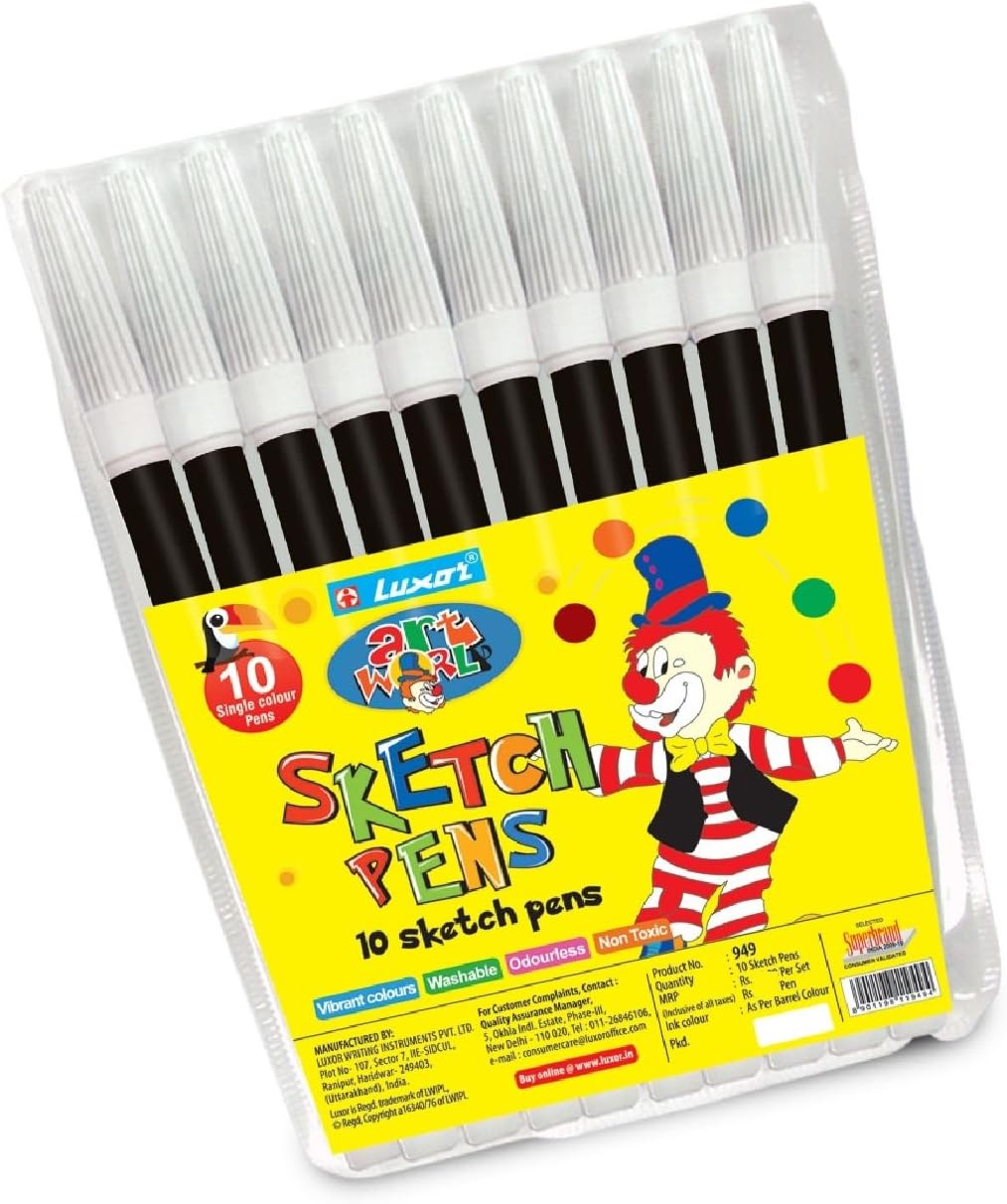 Luxor Felt Tip Colouring Pens for Adults & Kids, BLACK, Pack of 10, Single Colour Fine Tip Pens, Colour Sketch Draw Write, School Office Home Use