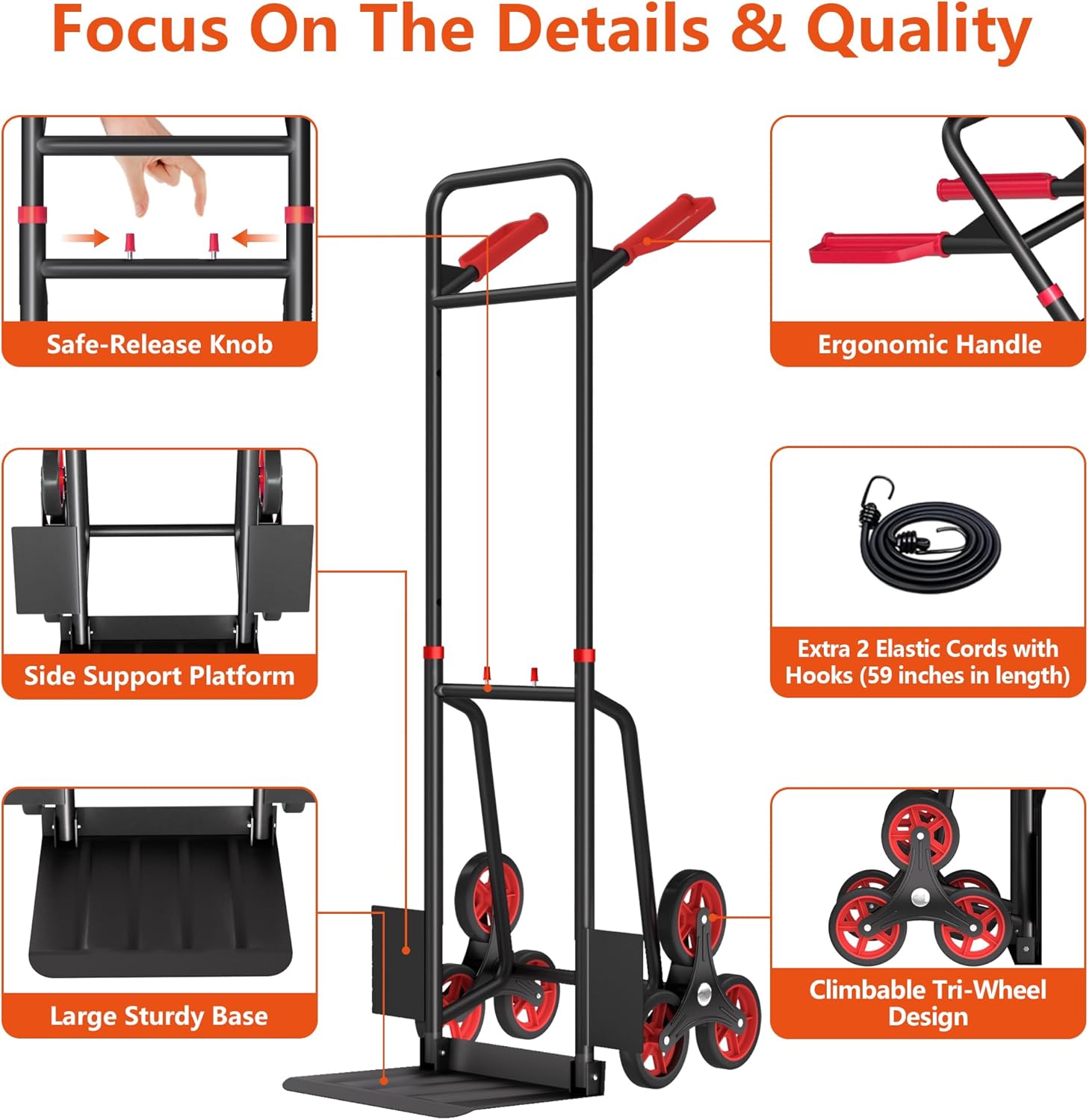Stair Climbing Cart, 440 lbs Capacity Stair Climber Dolly, Hand Truck with Stair-Climbing Wheels & One-Touch Retractable Handle, Thickened Upgraded Steel Tube Folding Stair Climbing