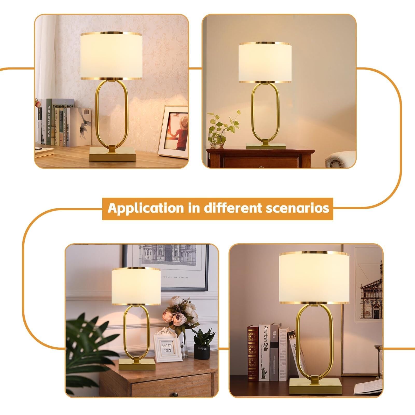 Lamp Lampada da Comodino Dorata con Anello in Metallo, Lampada Tavolo Struttura Geometrica, Moderna, Paralume in Tessuto Bianco, for Camera Letto/comodini/Soggiorno (D9,8 H18,9) Lampada