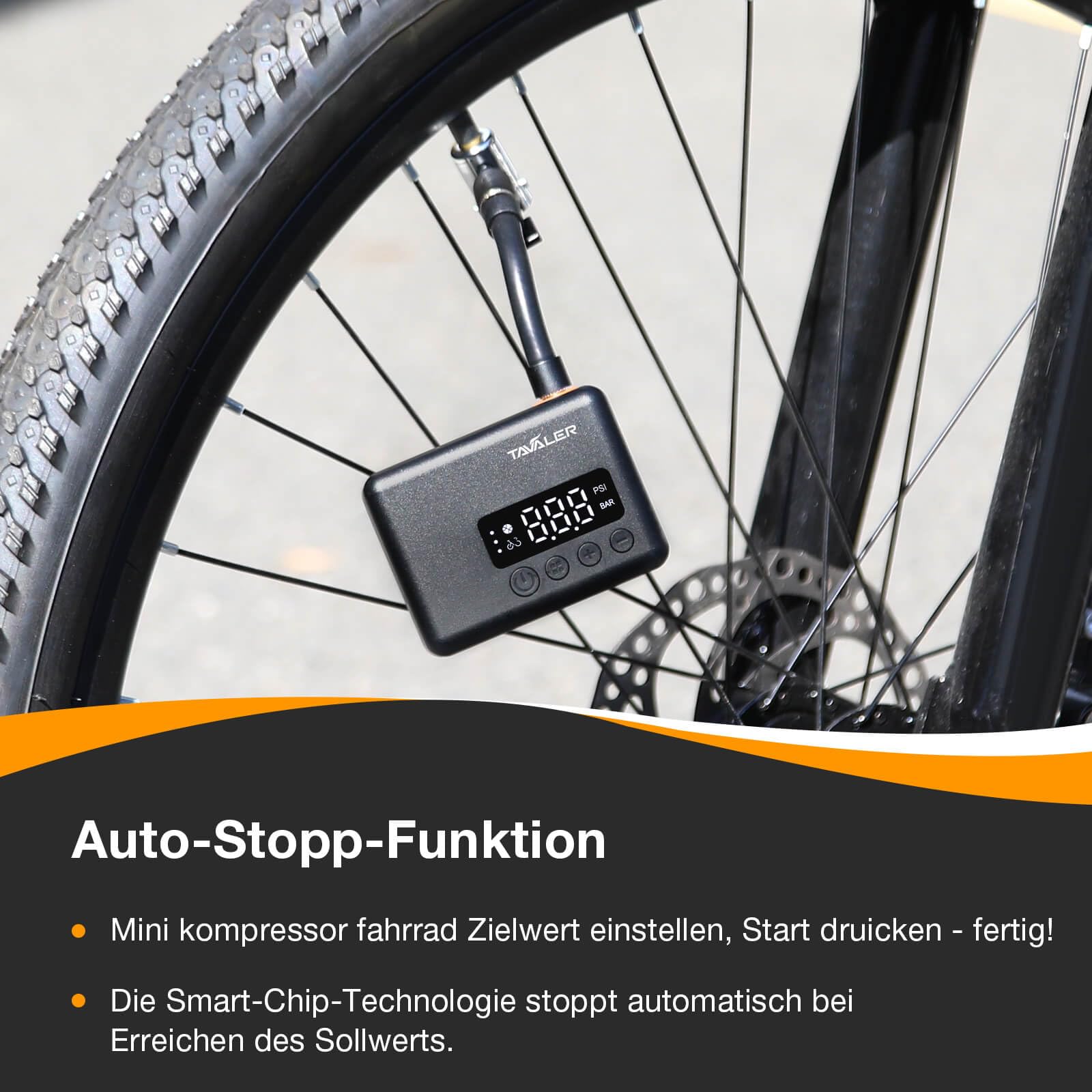 Tavaler Mini pompa elettrica per bicicletta | pompa elettrica per bicicletta con manometro | 130 PSI Mini compressore bicicletta per bici da strada, e-bike, mountain bike, city bike