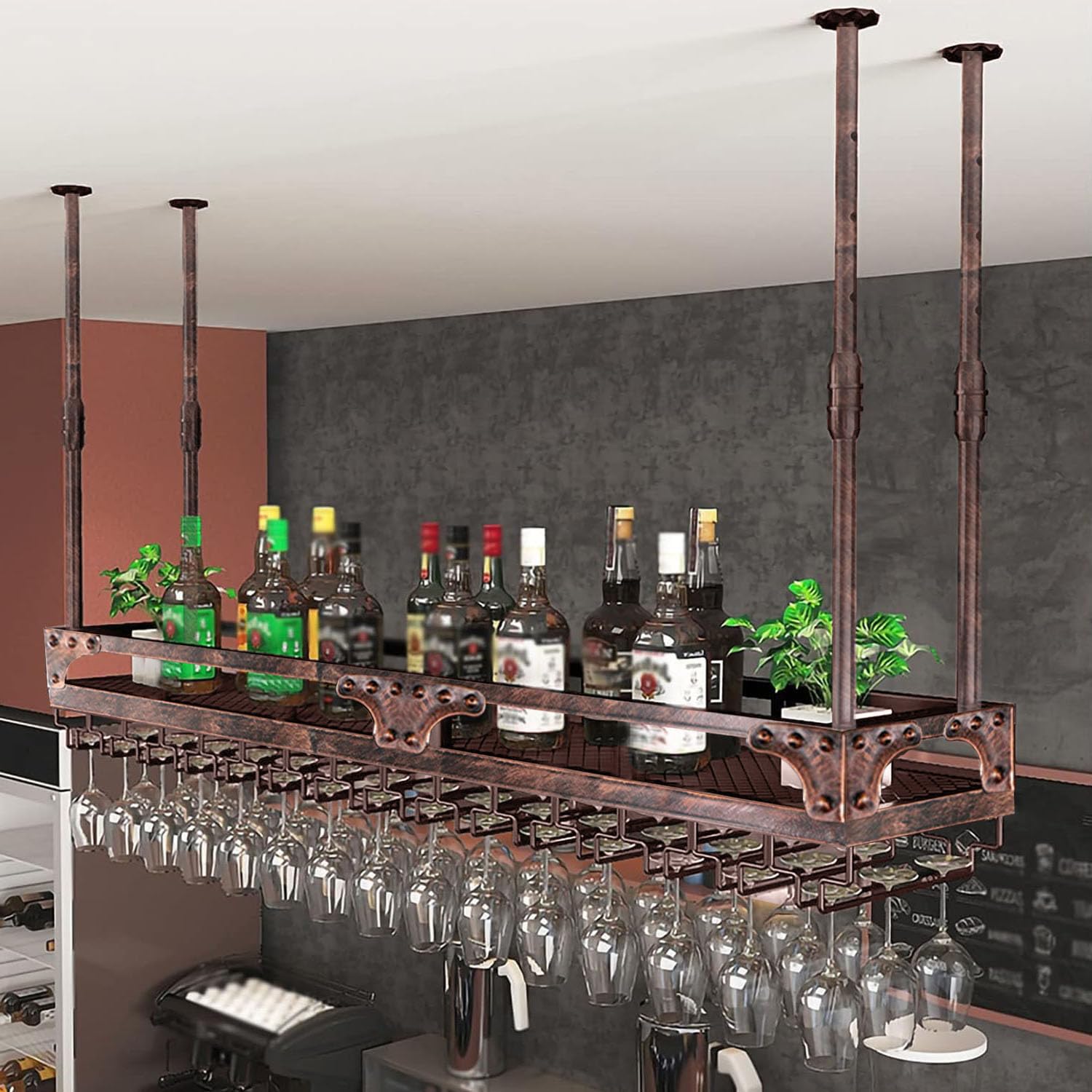 ZHHR Wine Glass Rack, Hanging Wine Glass Holder, Ceiling Decoration Wine Glass Rack, 2-in-1 hanging cup/storage wine, Adjustable Height and Width, for Kitchen,Dining Room,Bar (Bronze, 100 x 35 cm)