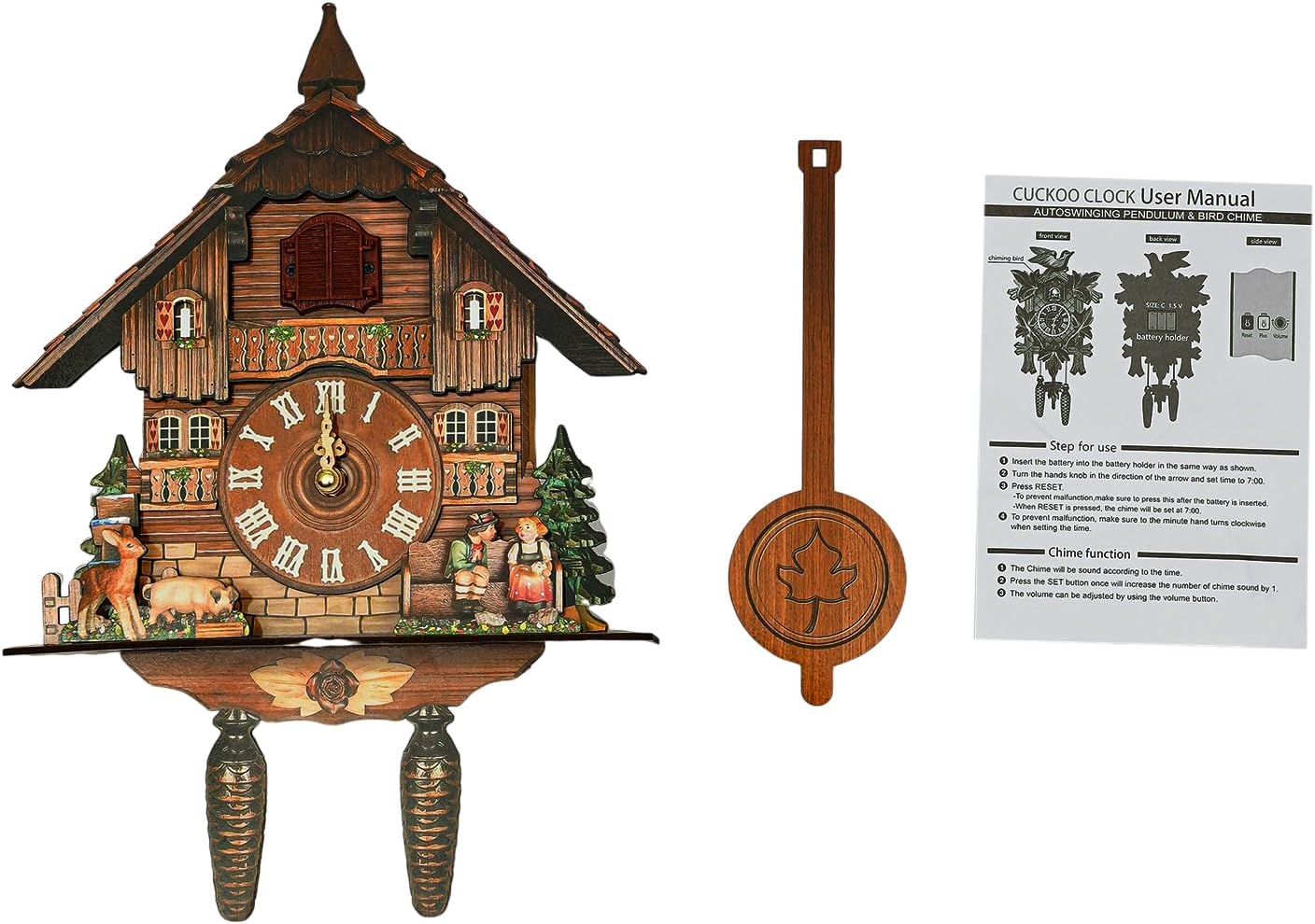 TFCFL Cuckoo Wall Clock with Hourly Chime, Wood Cuckoo Clock with Adjustable Volume, Handcrafted Wooden Wall Pendulum Quartz Clock for for Hotels, Offices, Living Rooms, Bedrooms