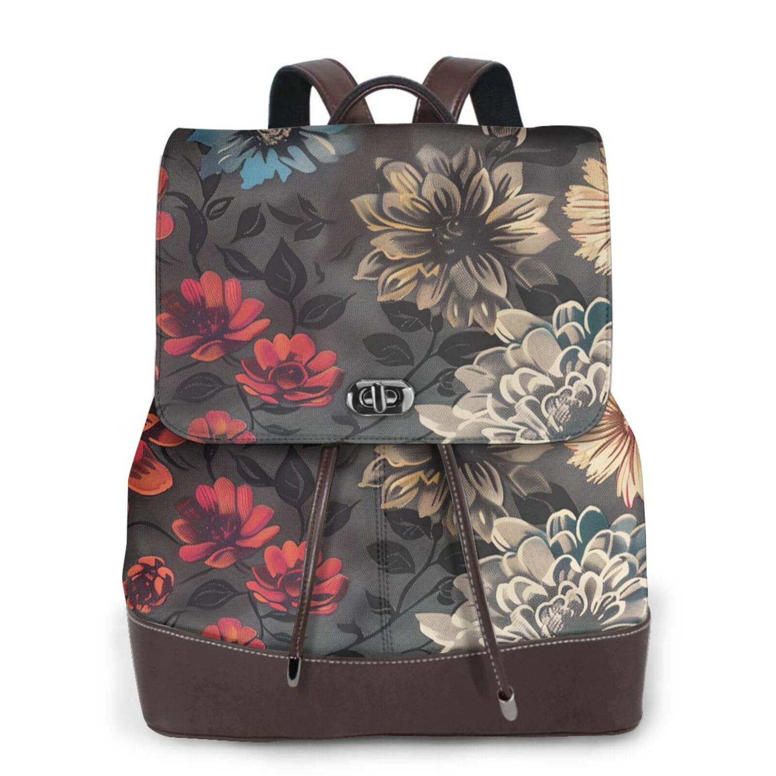 Wputy Women's Modern Floral Print Backpack Large Capacity Pu Leather Diaper Bag Casual Daypack For School Travel Work