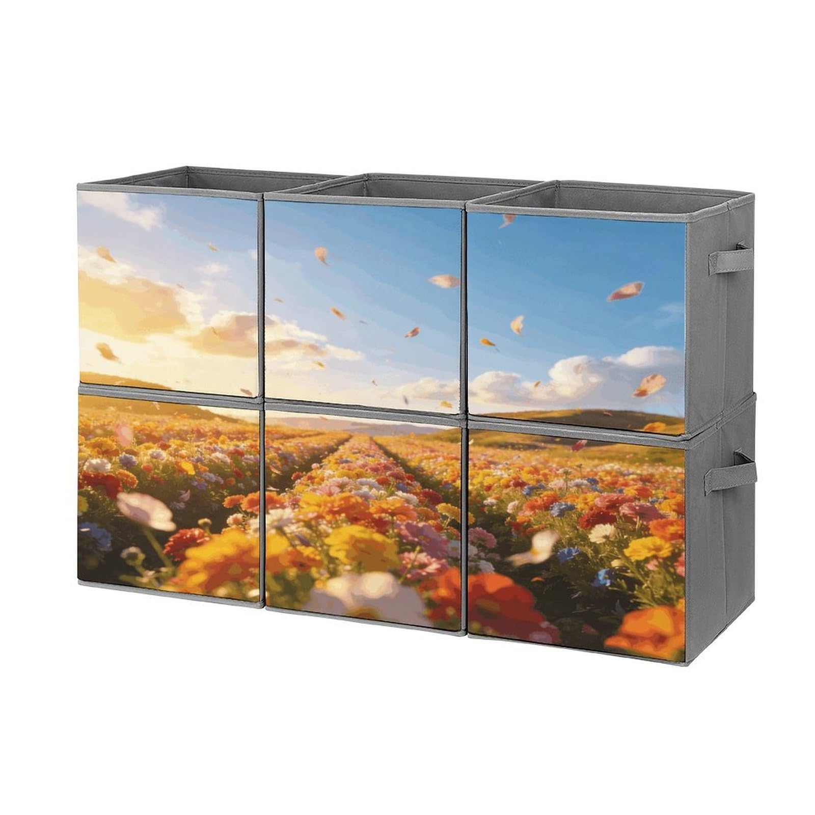 Fodpand Style Spectacular Flower Field Scenery Cube Bins With Double Handles,Set Of 6 Cube Organizer, Stackable And Foldable Storage Bins For Organization, Closet, Shelves, Offices