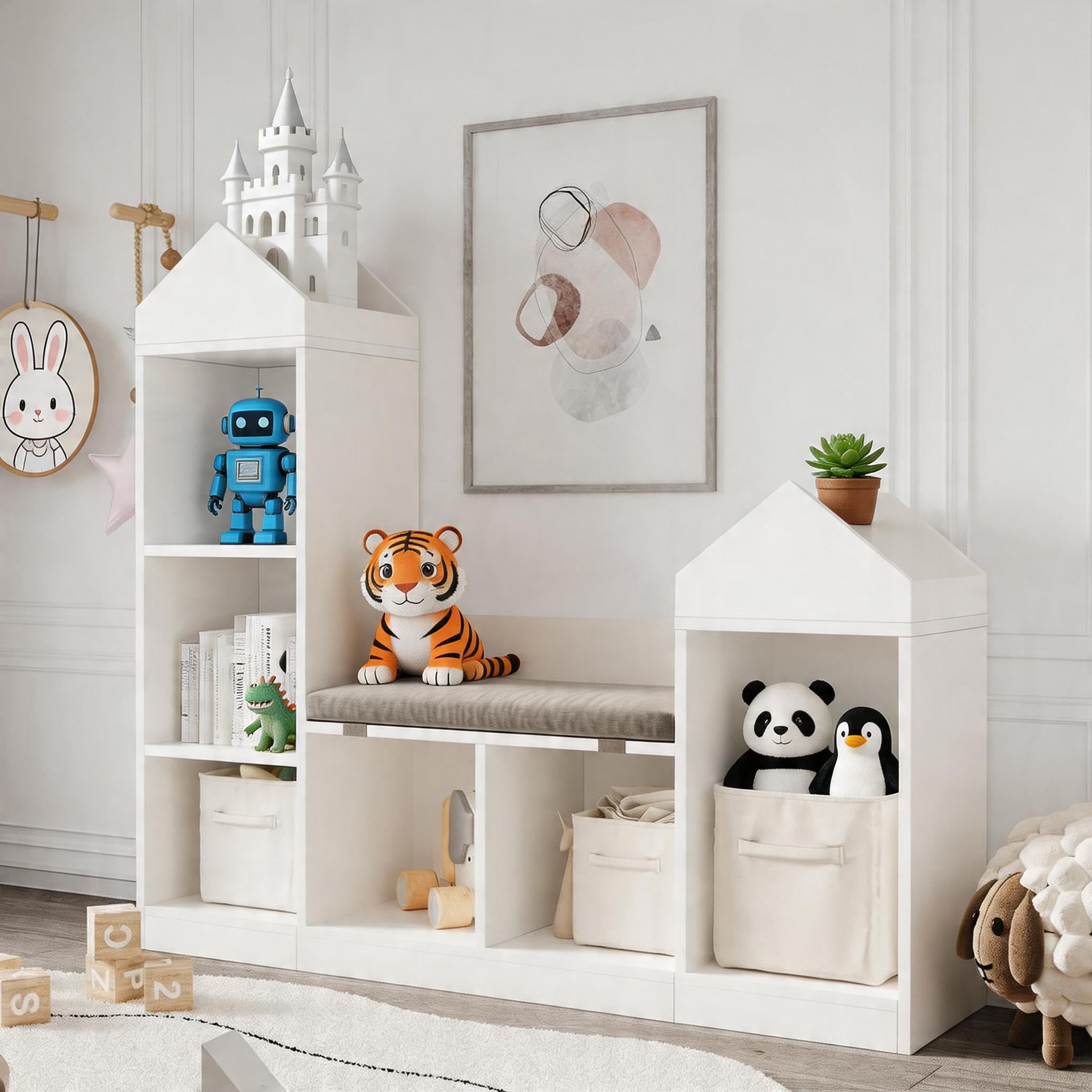 Kinderregal Hausform mit Sitzbank, 6 Fächer Spielzeugregal, Weiß | Gepolstertes Sitzkissen, Kippschutz, Robustes MDF, Abnehmbarer Bezug, Viel Stauraum, Sicher, Pflegeleicht, Stabil, Modern