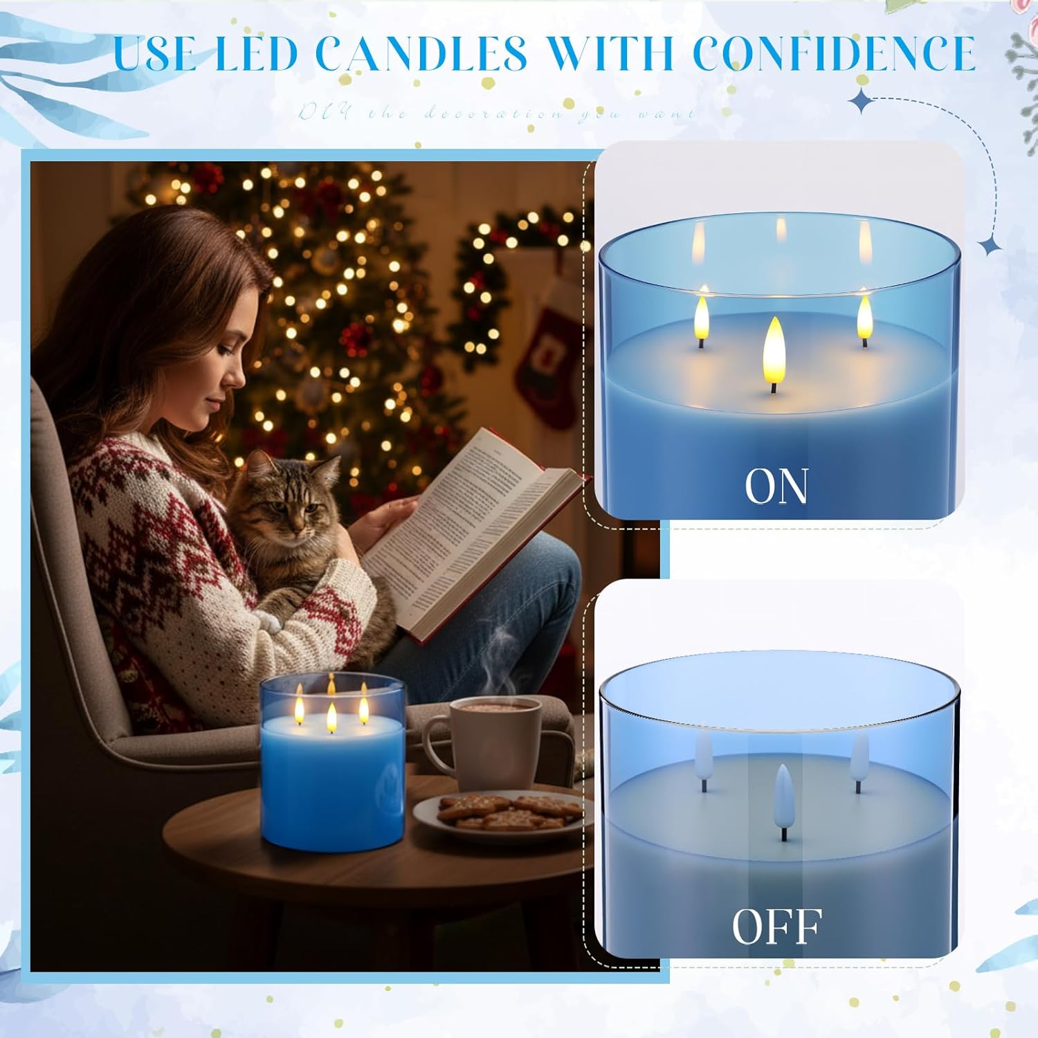 Retisee 6'' x 6'' Extra Large Flameless Candles, 3 Wick Glass Large Candles with Remote Control and Timer Function, Real Wax LED Pillar Flickering for St. Patrick's Spring Party Decor(Blue,1 Pcs)