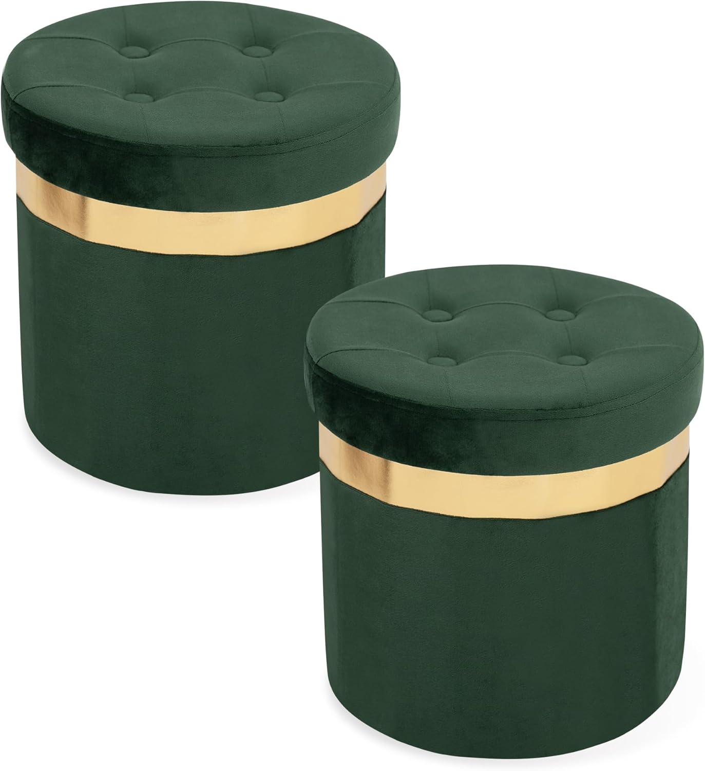 Small Ottoman with Storage,Folding Round Ottoman with Gold Trim,Velvet Storage Stool,Foot Stool with Soft Padded,Foot Rest for Living Room13“x13”x12.4(Beige,2pcs)